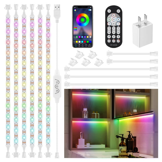 6Pcs Under Cabinet Lights Kit,Music Sync Color Changing LED Lights with RF Remote and APP,Dimmable Flexible Cabinet Lights,5V USB Under Cabinet LED