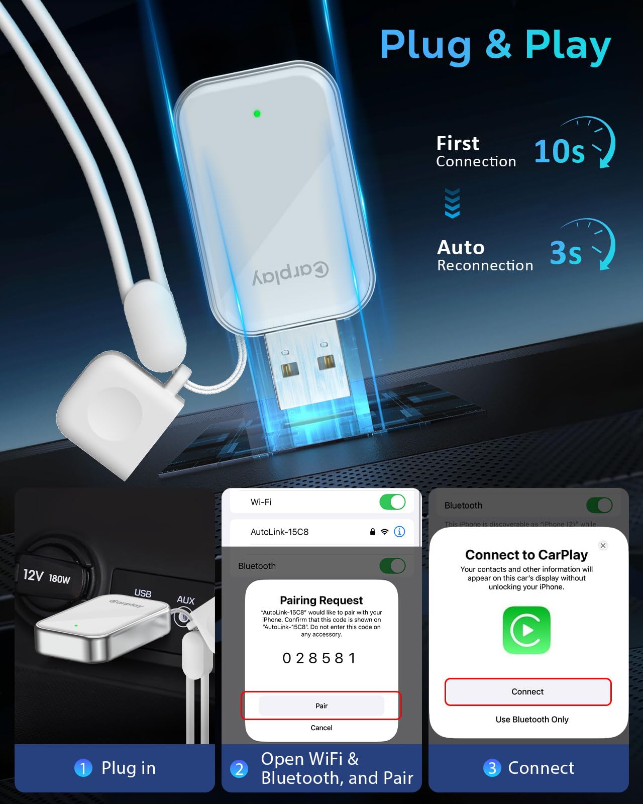 Wireless CarPlay Adapter for Apple iPhone - 2025 Wired Car Play to Wireless Dongle, USB-A/C Plug&Play, Stable Bluetooth CarPlay Adapter Only