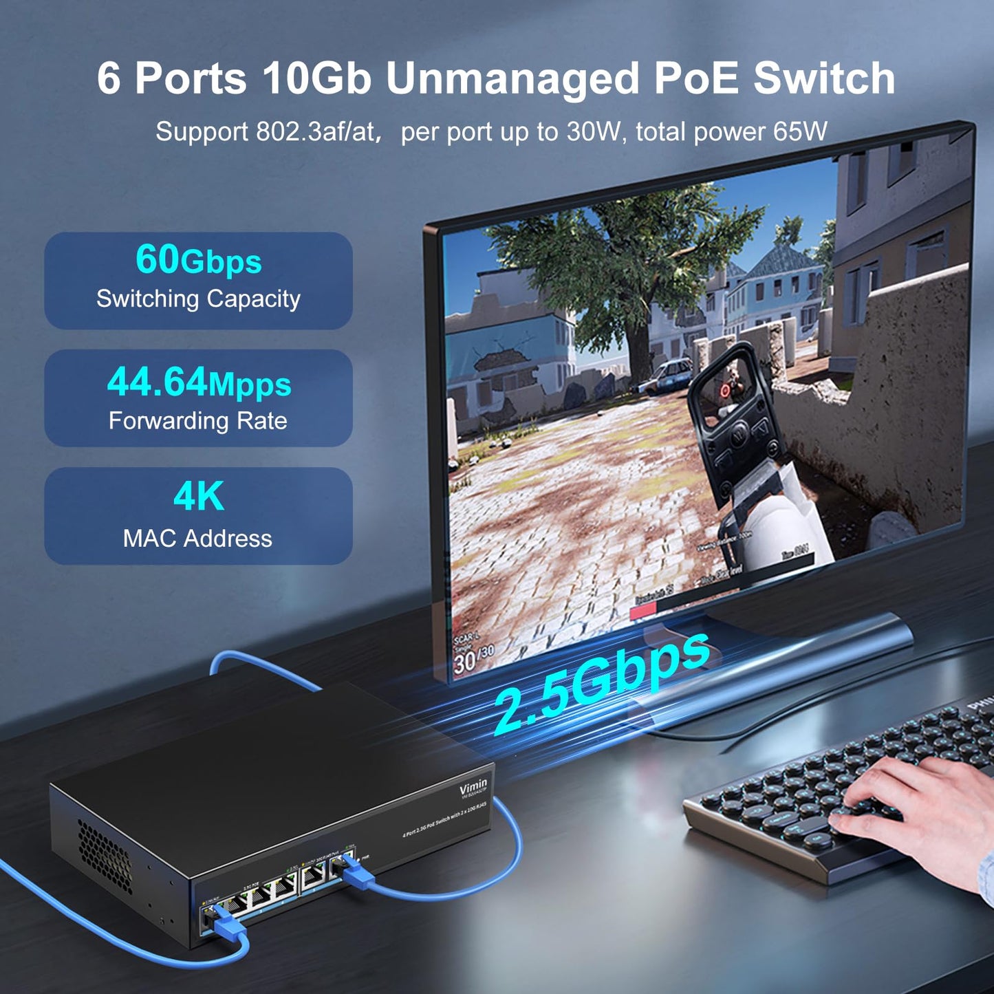 6-Port 2.5G PoE Switch with Dual 10GBASE-T, Vimin 4X 2.5G +2 x 10Gb RJ45 Ports Unmanaged PoE Switch, 60Gbps Capacity, 65W, 10G Switch Desktop Network