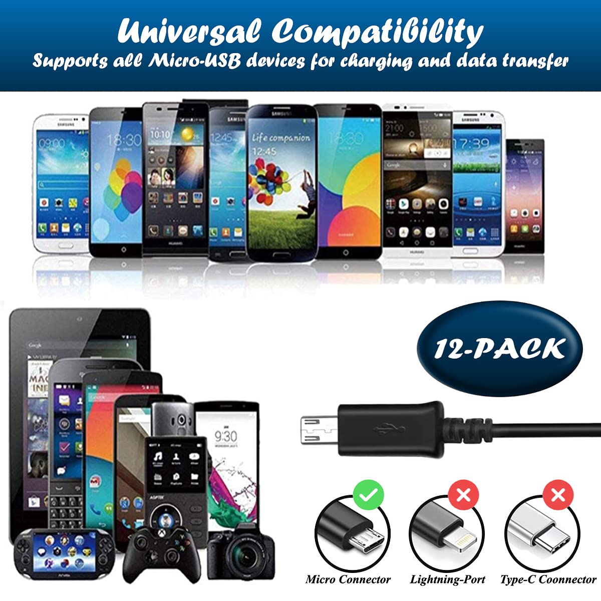 tekSonic [12-Pack Micro USB Cable Multi Pack Bulk Lot - 1 M/3.3 ft Charging, Data Sync Fast Micro USB to USB A Cord for Samsung Galaxy S7 S6 Edge J7