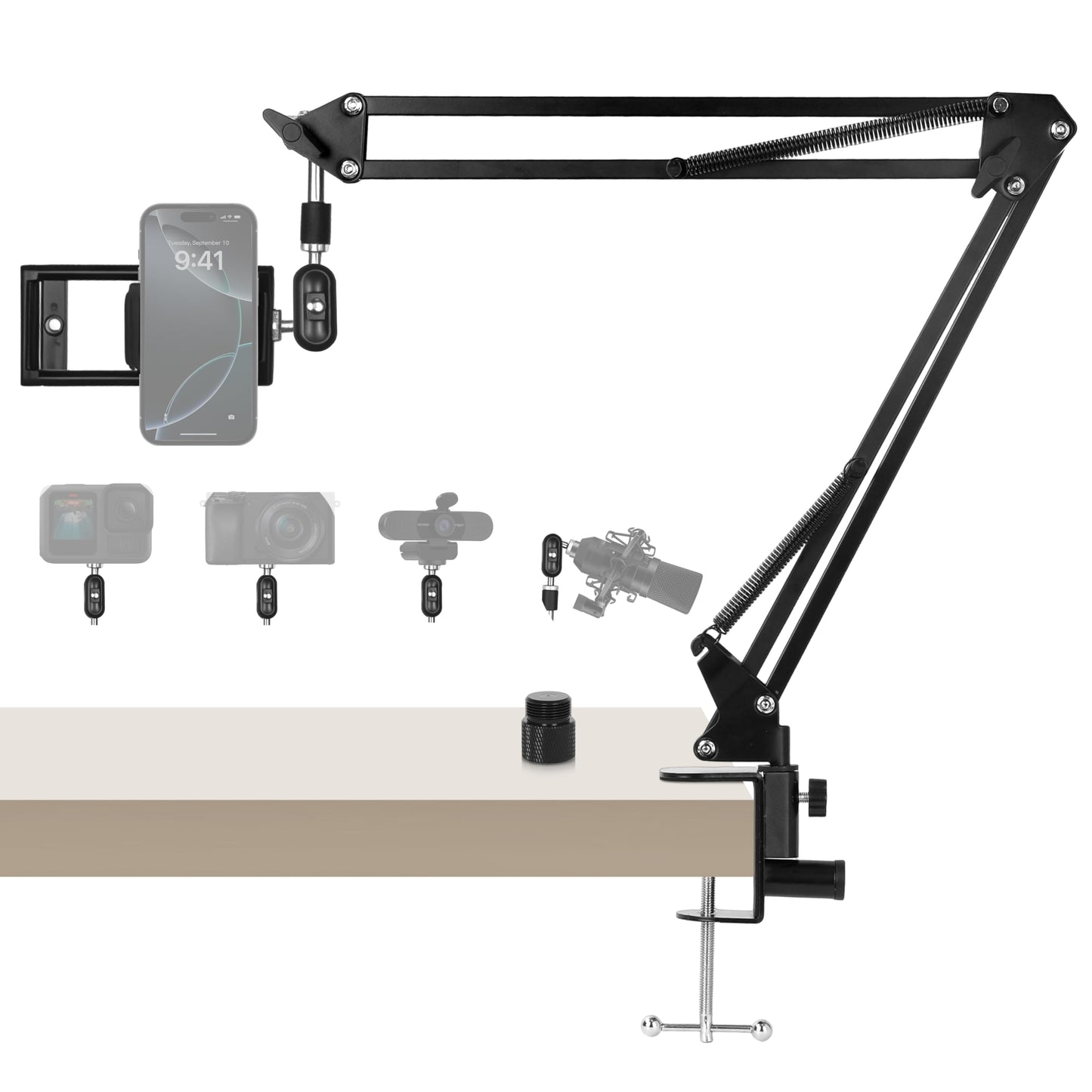 ellrkr 30" Magic Arm Holder w Clamp - Overhead Phone Mount for Desk, Smooth 360° 1/4" & 5/8" Thread Webcam Stand for Phone, Tablet, Webcam, Mic