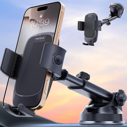 pop-tech Phone Mount for Car, [Military-Grade Suction] Universal Cell Phone Holder for Your Car Dashboard Windshield Window, Automobile Cradle Fit