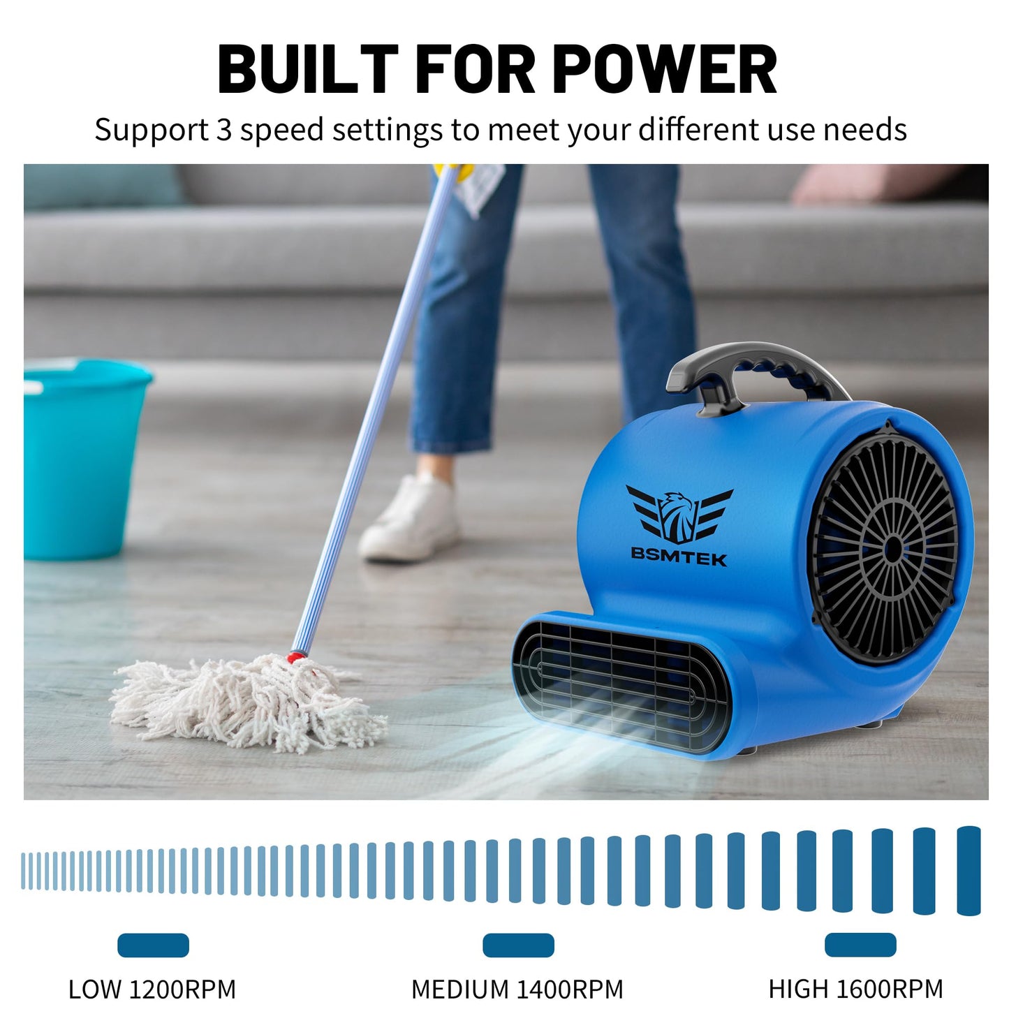 BSMTEK Air Mover Blower Fan, Industrial 1/3HP 1200CFM Monster Floor Blower Carpet Dryers - 3 Speeds Switch, 4 Adjustable Angles, 15FT Long Cord