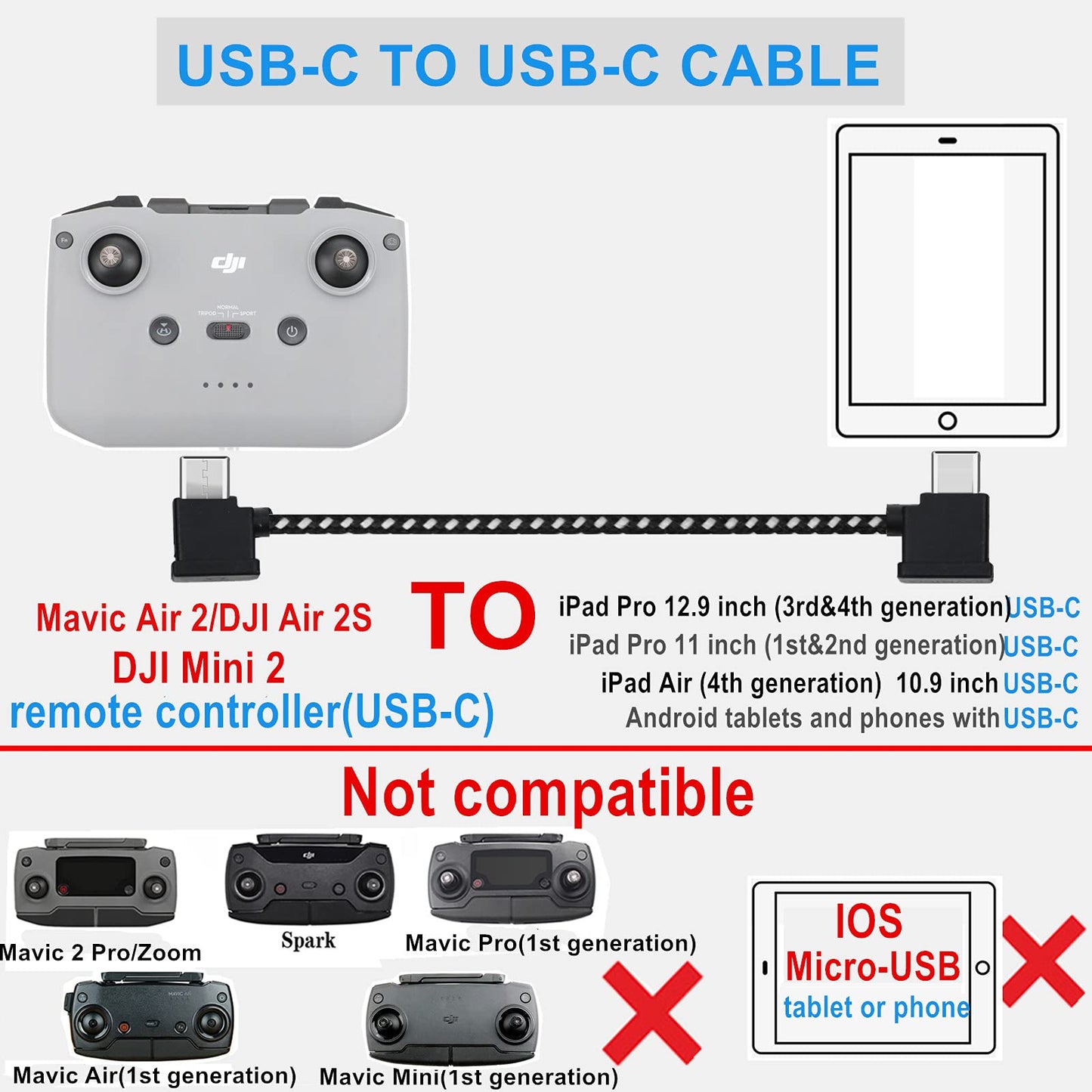 Hanatora 11.8 Inch USB C to USBC RC-N3/N2/N1/N1C Remote Controller Cable for DJI Flip,Neo,Mavic 3,Air 3S/3/2/2S,Mini 4K/2 SE/3/4 Pro,Nylon 1FT Tablet