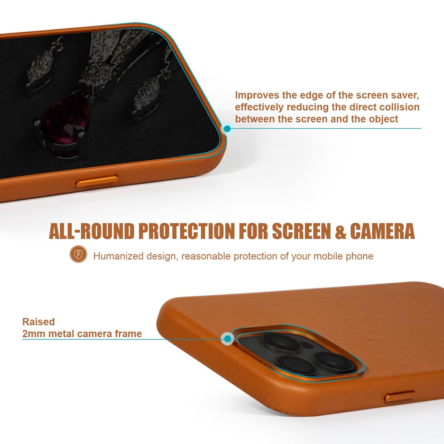Rumwot for iPhone 15 Pro Leather Case | Genuine Full Grain Leather| Compatible with MagSafe and Wireless Charging | Metal Buttons Camera Bezel | Slim