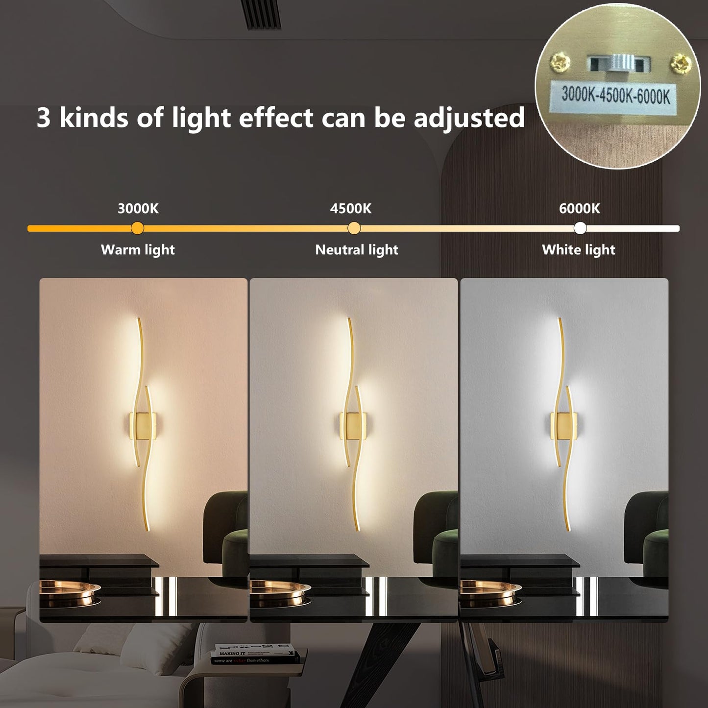 Fang Yan Mei Modern Wall Sconces, Gold Wall Light Fixtures for Bedroom,3000K-6000K LED Wall Light for Living Room, Hallway, Bedroom