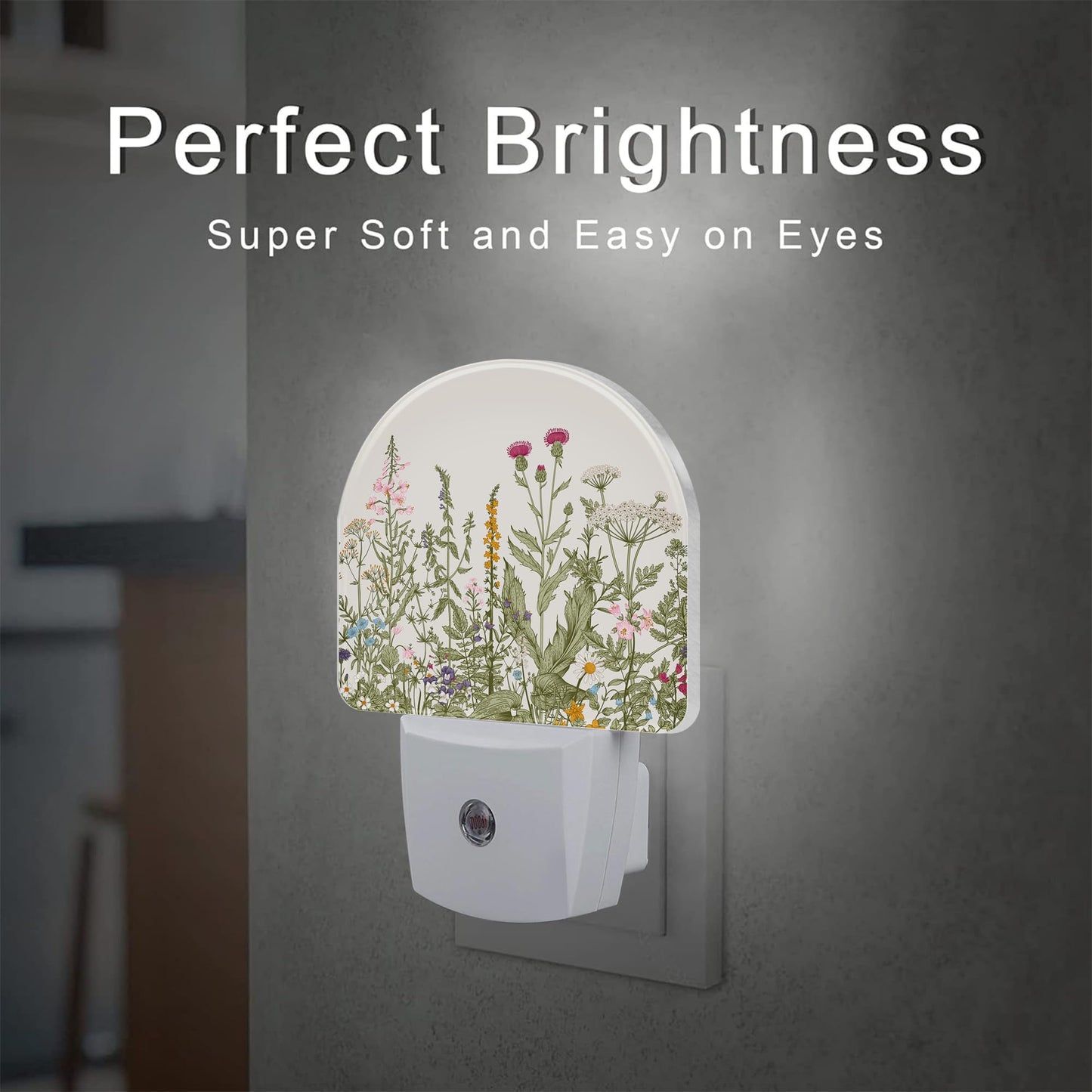 Herbs and Wild Flowers Night Light for Kids,Watercolor Green Botanical Floral Leaves Night Light Plug in with Dusk to Dawn Sensor,0.5w Energy Saving