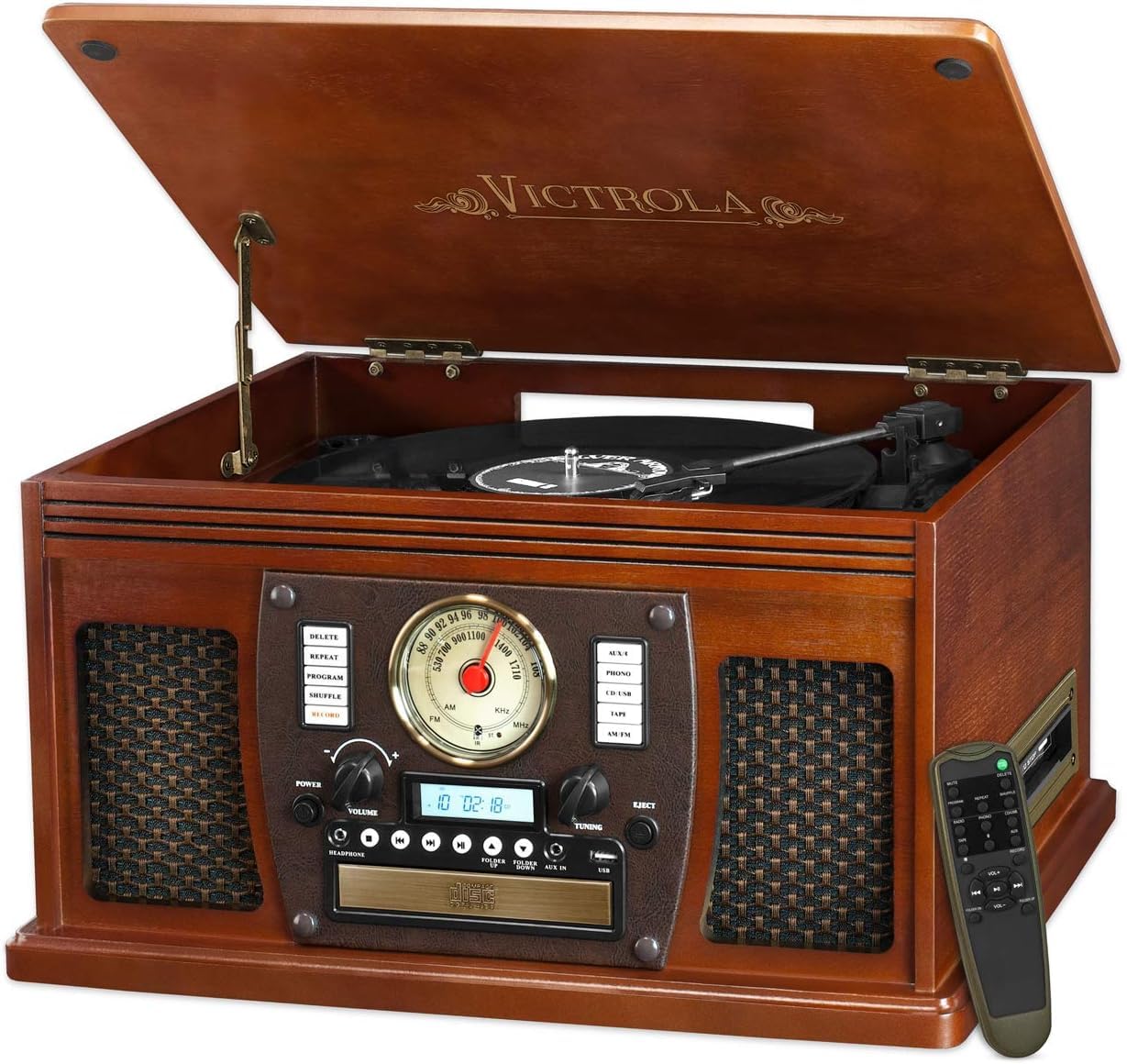 Victrola Navigator 8-in-1 Bluetooth Record Player with Built-in Speakers - 3 Speed, CD Player, Cassette, FM Radio, USB, RCA Out, Headphone Jack