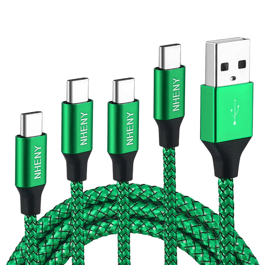 NHENY Type C Charger Cord Green USB C Premium Shiny Nylon Braided Rapid Charging Cable 4 Pack 10FT 2x6FT 3FT for Phone 15/16 Series Plus, Note 10/S10