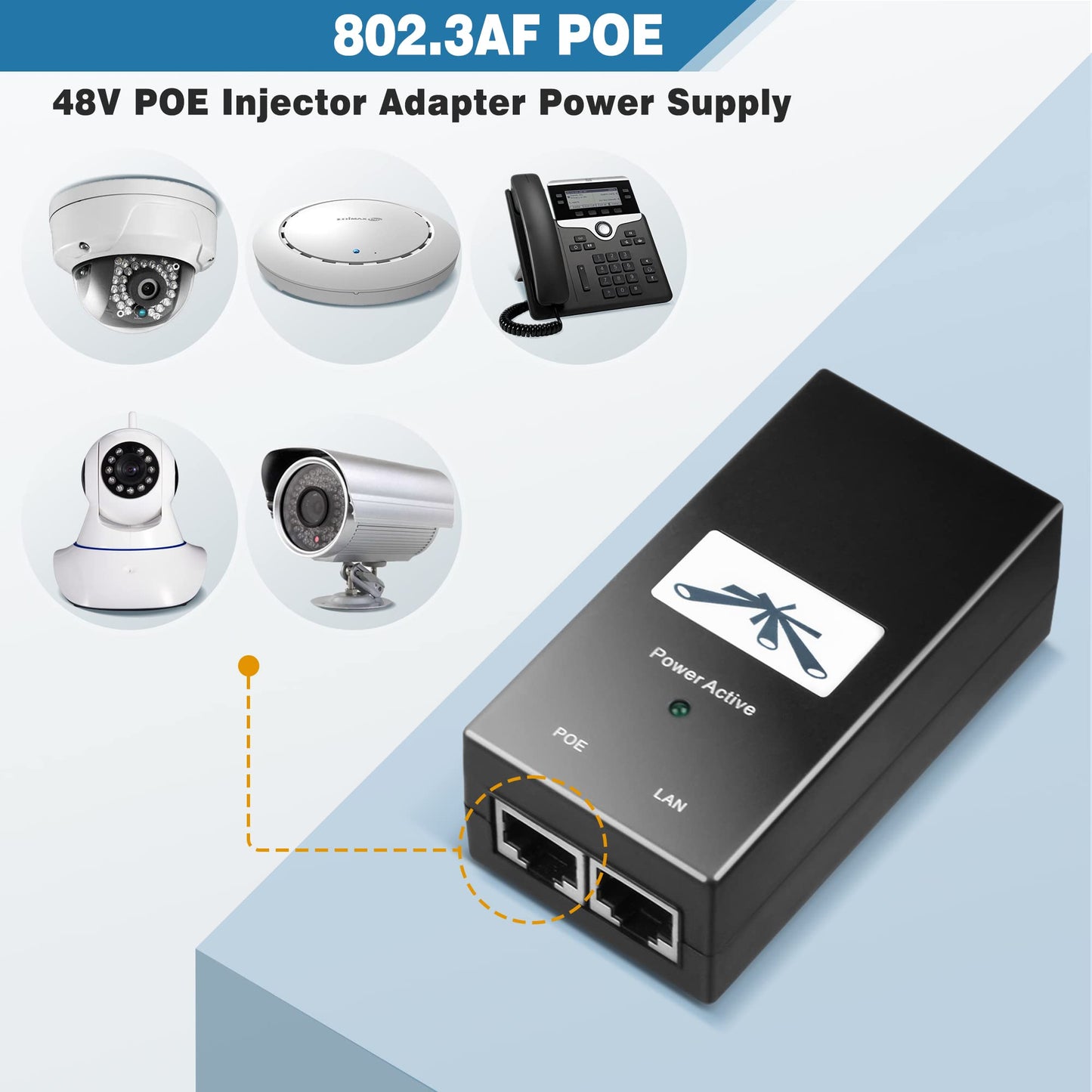 PwrON Gigabit PoE Injector Adapter 48V 24W Power Over Ethernet for 802.3af Devices, Up to 328 Ft, 10/100/100Mbps RJ-45, Plug and Play, PSE-480040G