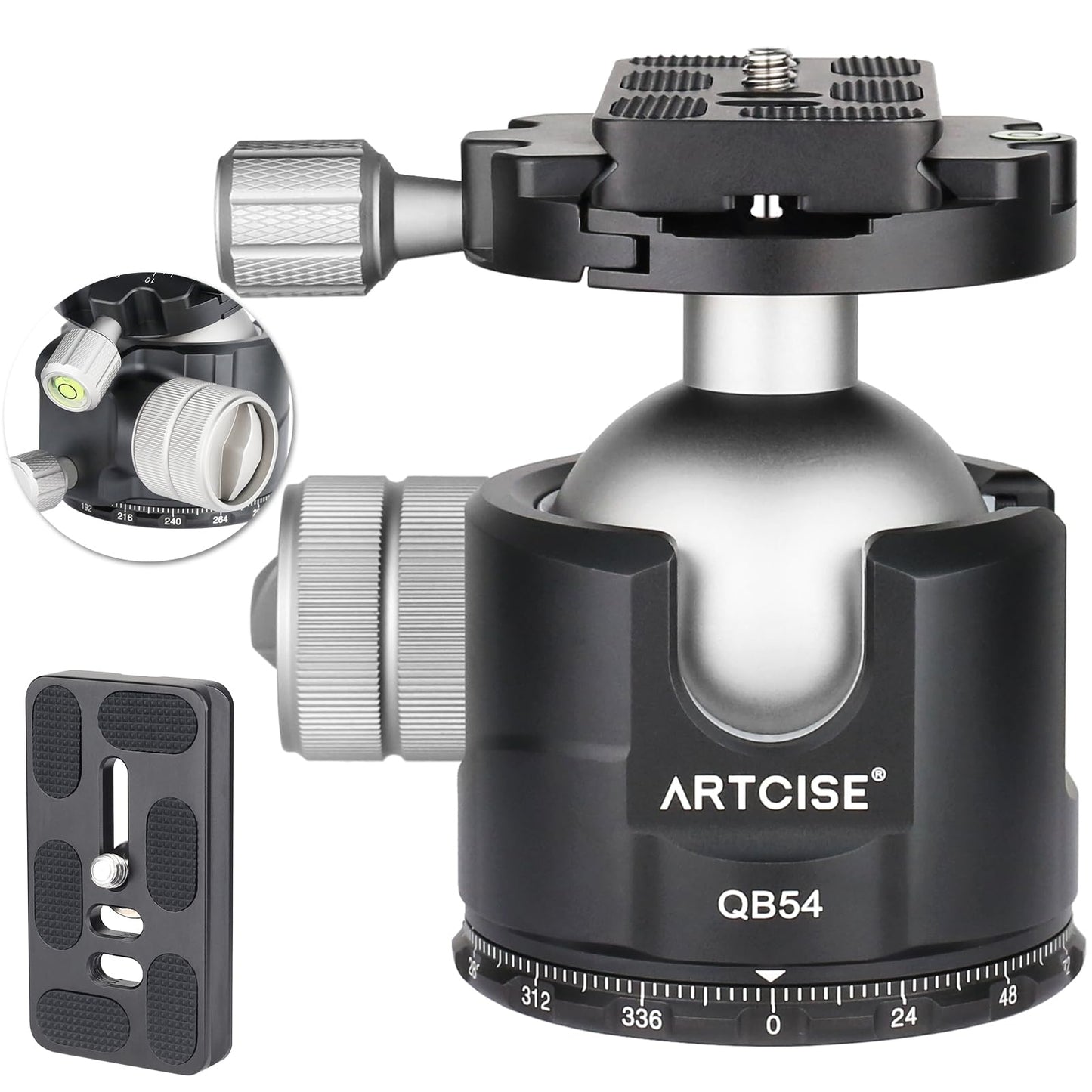 Low Profile Ball Head Unique 54mm Ball 360 Panoramic Tripod Head CNC Aluminium Alloy Metal Ball-Head Arca Swiss Quick Release Plate Max Loading