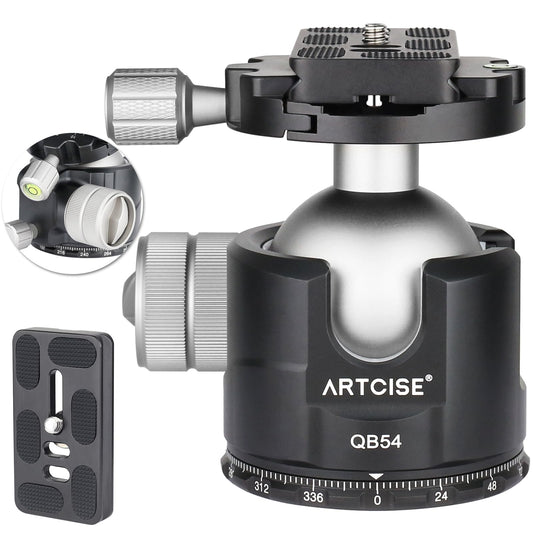 Low Profile Ball Head Unique 54mm Ball 360 Panoramic Tripod Head CNC Aluminium Alloy Metal Ball-Head Arca Swiss Quick Release Plate Max Loading