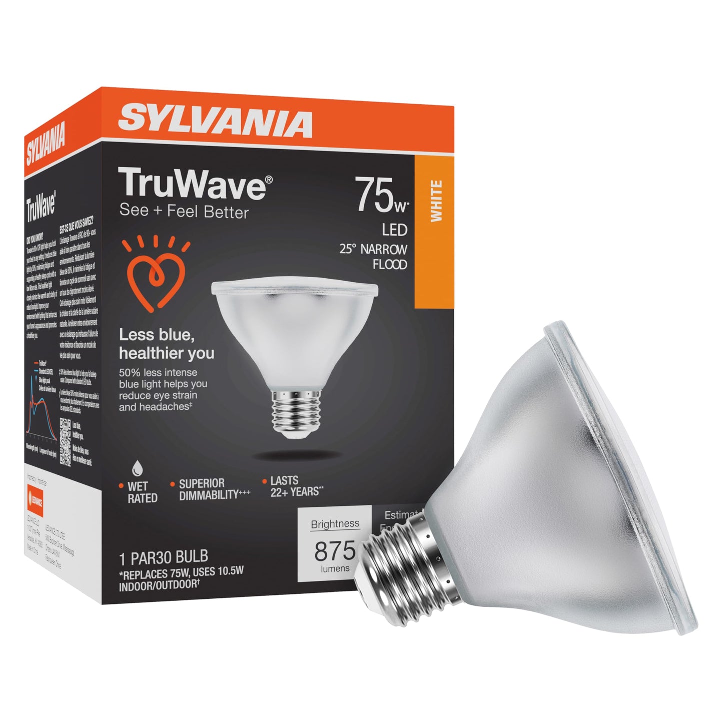 Sylvania LED TruWave Natural Series PAR30 Light Bulb, 75W Equivalent, Efficient 9W, Medium Base, Dimmable, 3000K, White - 1 Pack (40914)