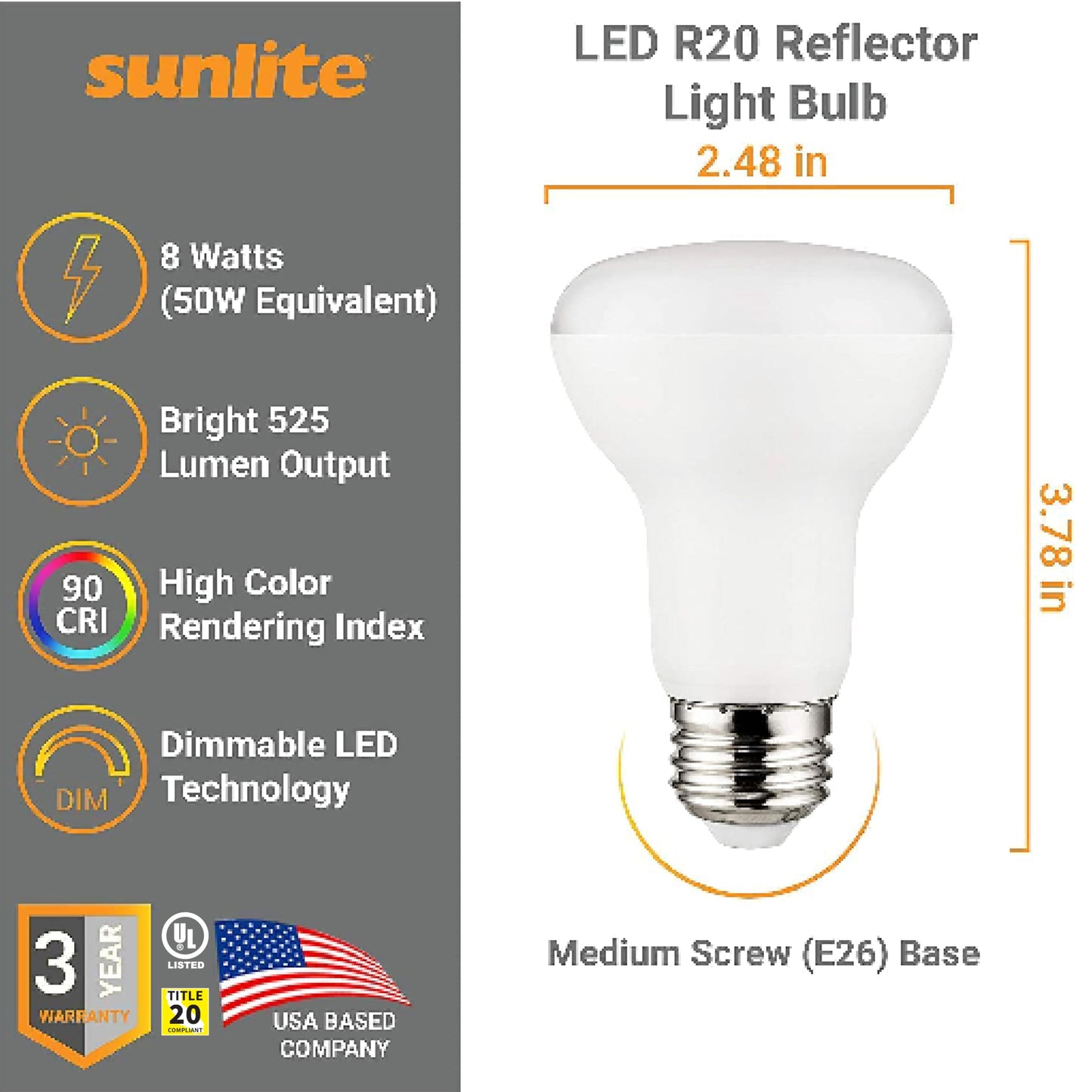 Sunlite LED 90 CRI R20 Recessed Light Bulb, 8 Watts (50W=), 525 Lumens, Dimmable, Medium Base (E26), Wide 110° Beam Angle, UL Listed, Title-20