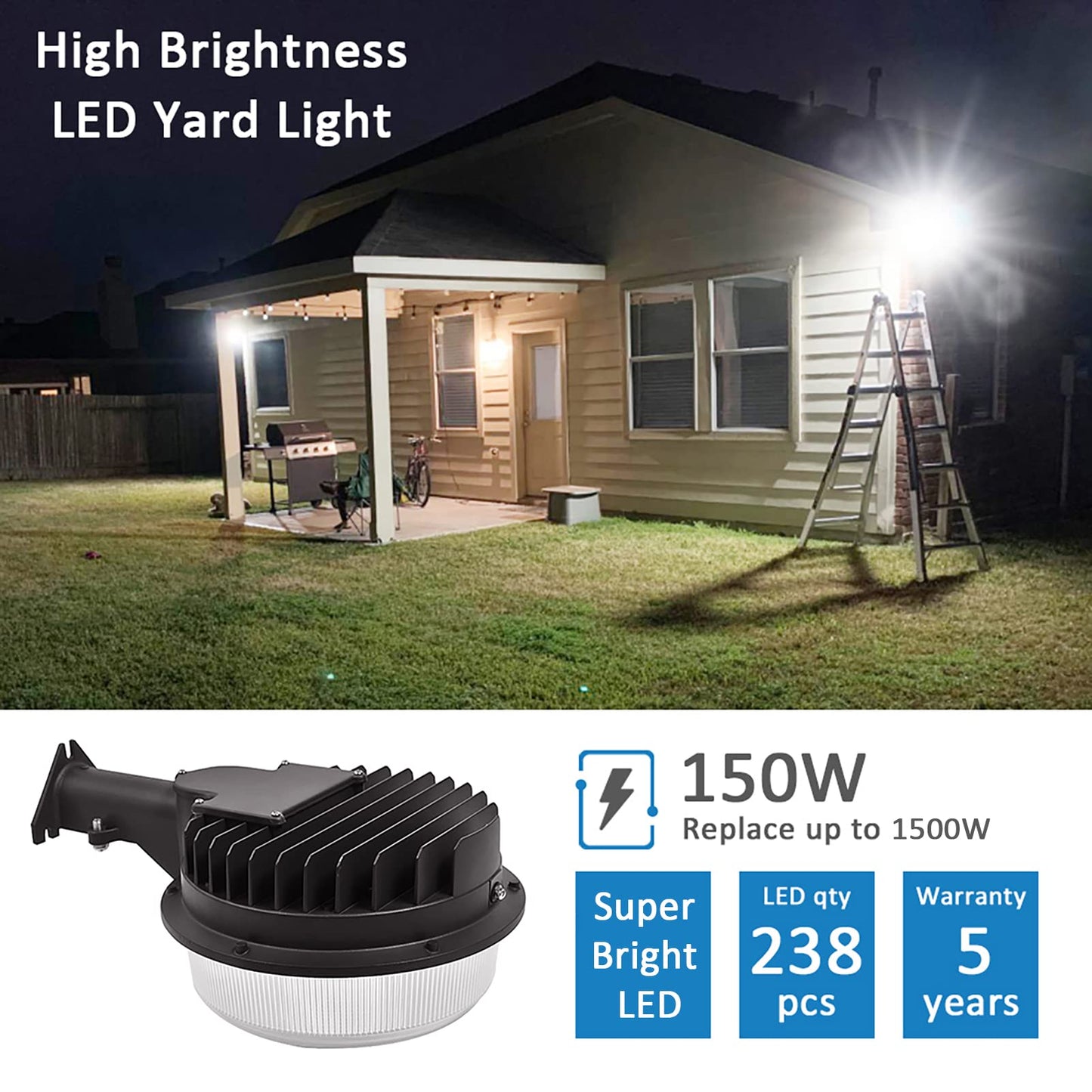 SZGMJIA LED Barn Light 150W, Dusk to Dawn Outdoor Yard Light with Photocell Super Bright 22,500lm 5000K Daylight, 1500W MH/HPS Replacement, AC100-277V