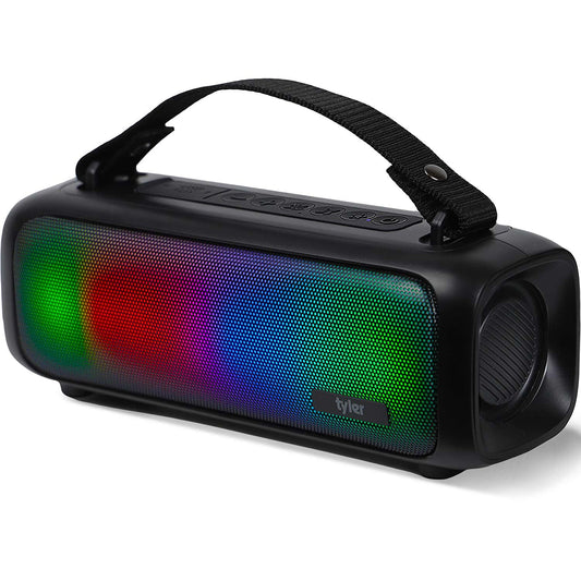 Tyler Wireless Bluetooth Speaker RGB Lighting Long Range Rechargeable Boombox USB MP3 AUX Inputs Fm Radio Sound & Bass Carry Strap Lightweight