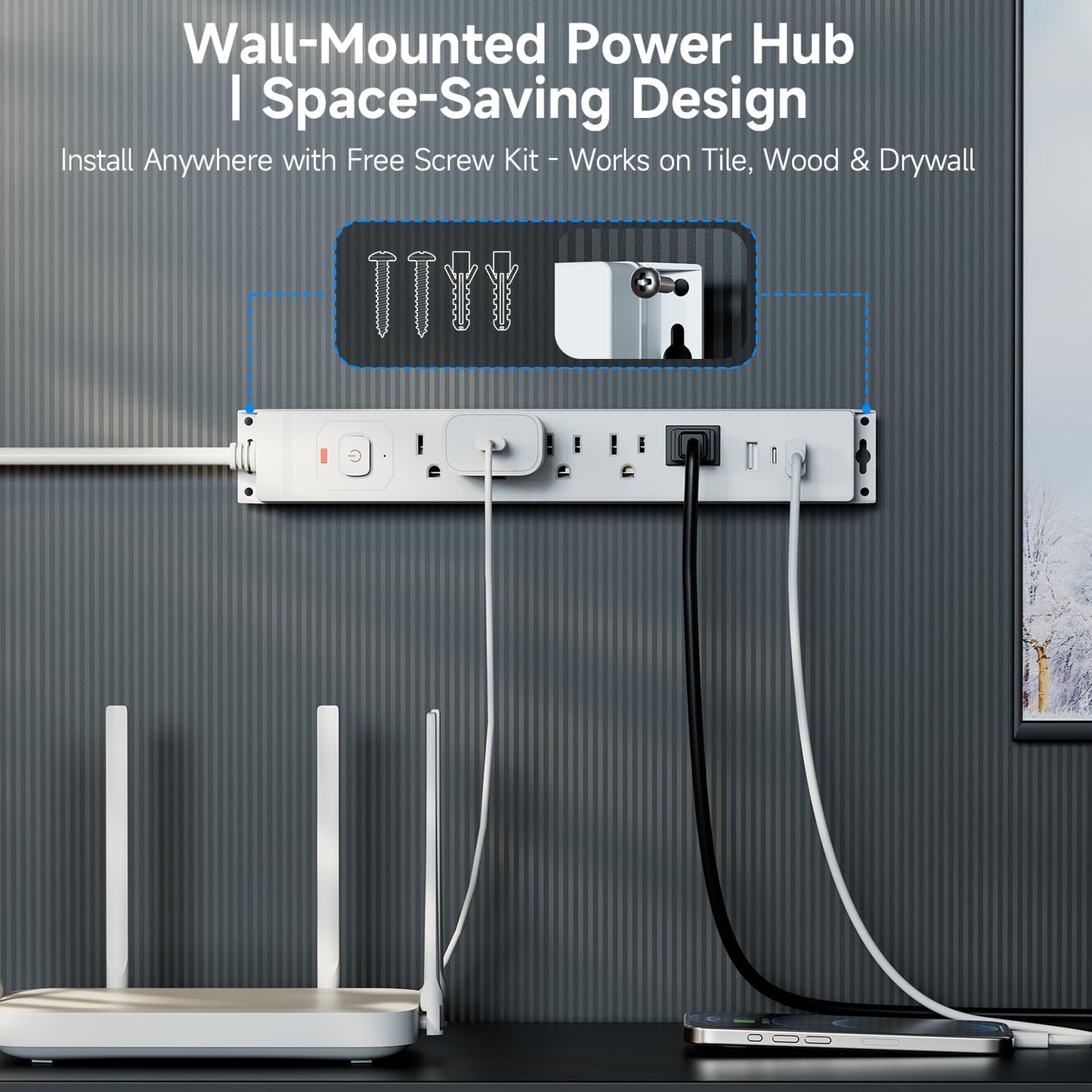[2-Pack] 10 Ft Power Strip Surge Protector with USB Ports, Flat Plug Extension Cord, 5 AC Outlets and 3 USB Charging Ports, Wall Mountable - White