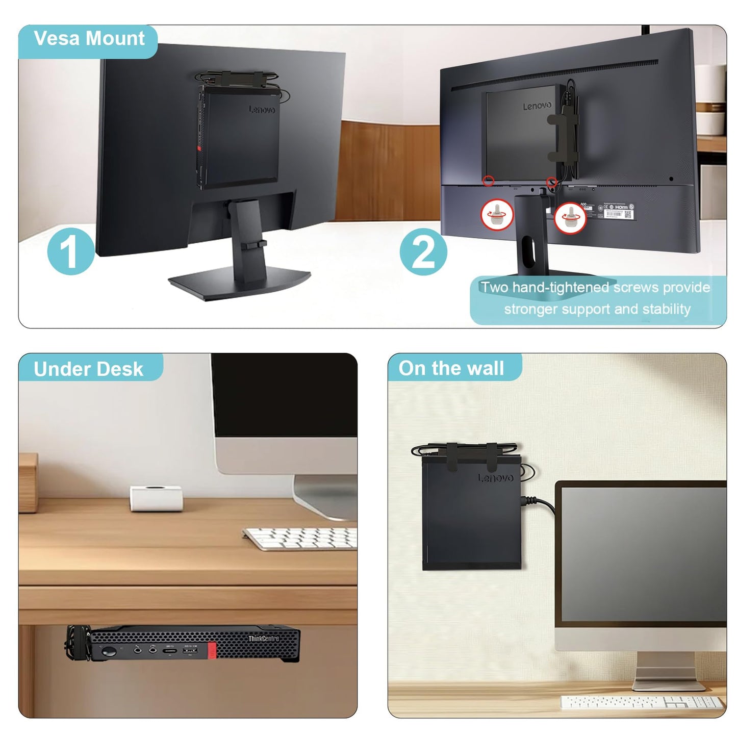 2 Pack Mini PC Mount Compatible with Lenovo ThinkCentre Tiny, Wall VESA and Under Desk Mount for Lenovo ThinkCentre Tiny Desktops M600 M700 M710Q