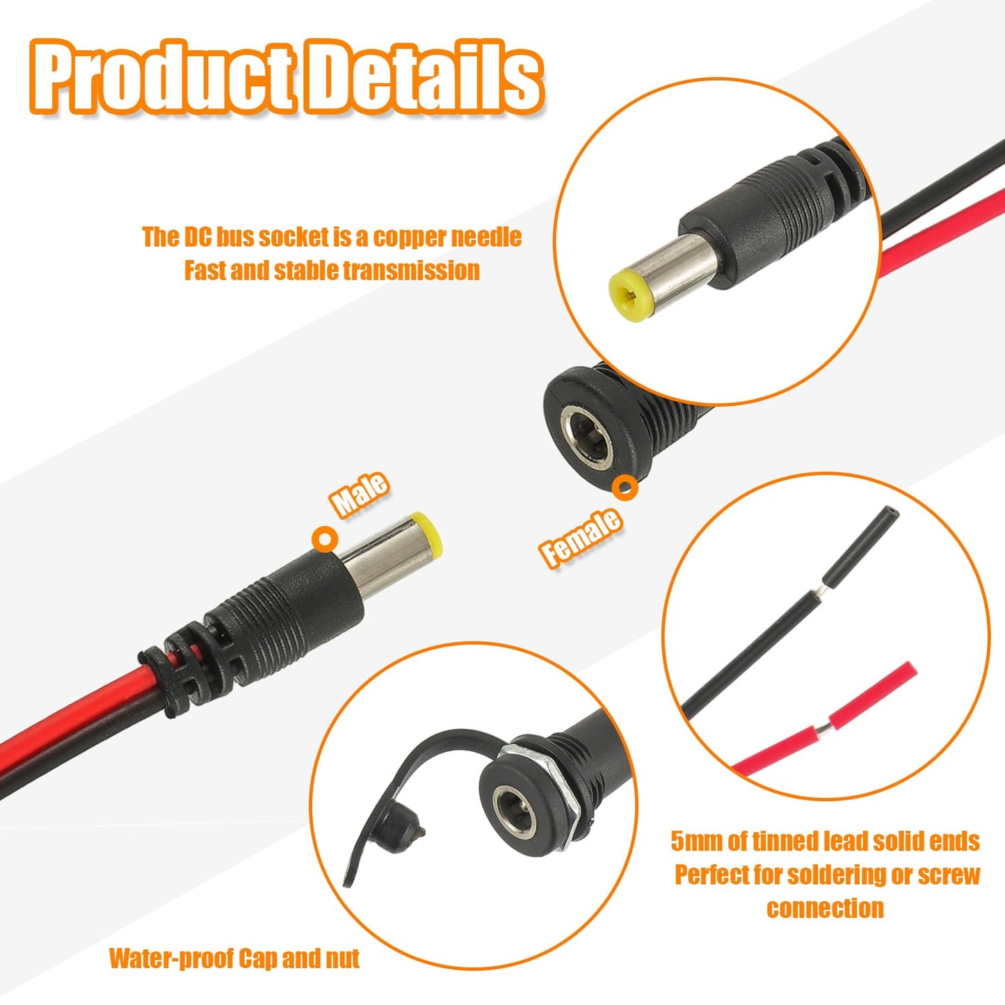 HUAREW 6 Pcs 5.5 x 2.1mm DC Power Jack Threaded Female Panel Mount Barrel Connector Adapter Kit with Waterproof Cover Cap