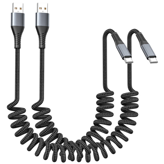 FOXSEA 2-Pack Coiled USB C Cable for iPhone 15/16/17 All Series, USB A to Type-C Charger Flexible 1-3FT Length & Braided Fast Charging Spring Cord