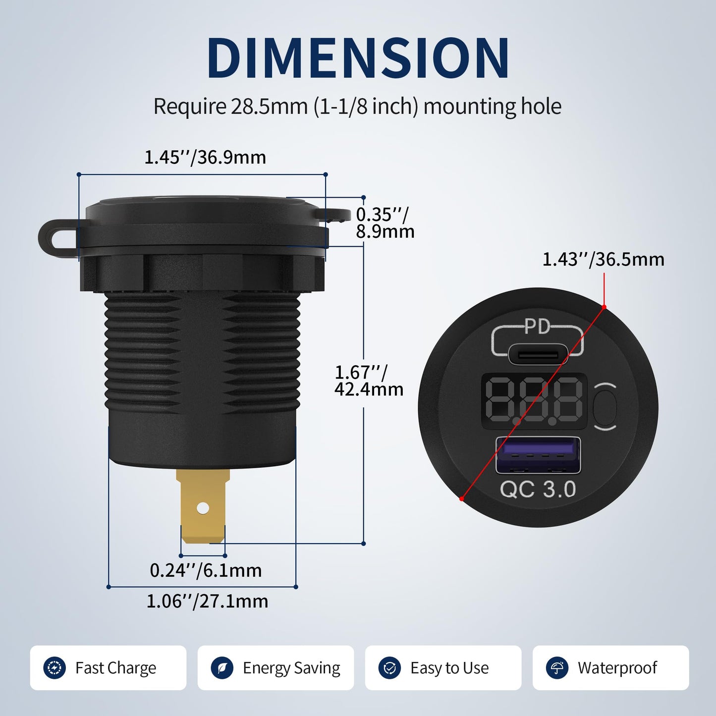 DaierTek 12V USB C Car Charger Socket 3-Pack - 48W PD & QC 3.0 Fast Charging Dual USB Outlet with Voltmeter & ON/Off Switch, Waterproof 12V Charging