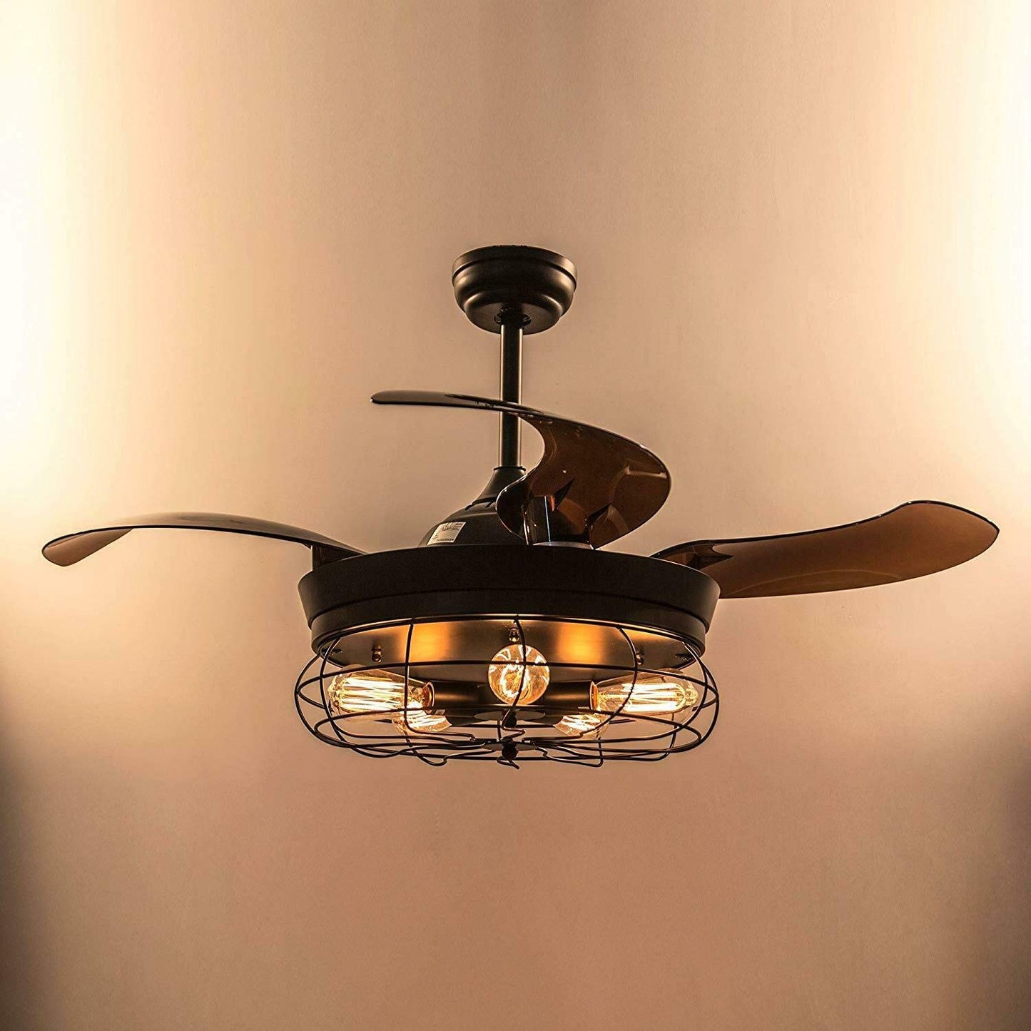 42'' Ceiling Fans light Invisible Retractable Blades Farmhouse Industrial Pendant Lamp Chandelier Remote Control for Living room, Bedroom, Dining