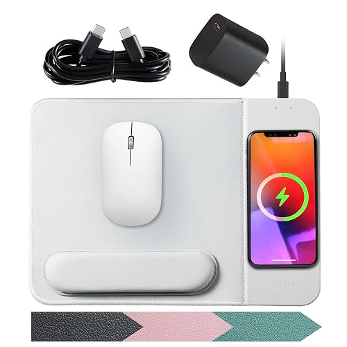 VIVIYA 15W Wireless Charging Mouse Pad with Detachable Wrist Support and 20W Power Adapter, Fast QI Wireless Phone Charger Mouse Mat for iPhone 16/15