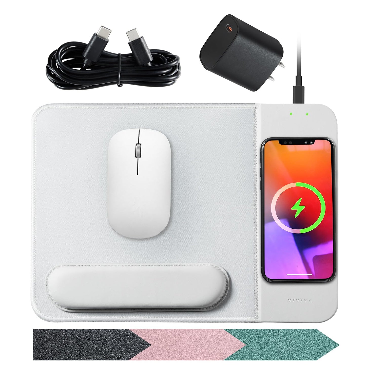 VIVIYA 15W Wireless Charging Mouse Pad with Detachable Wrist Support and 20W Power Adapter, Fast QI Wireless Phone Charger Mouse Mat for iPhone 16/15