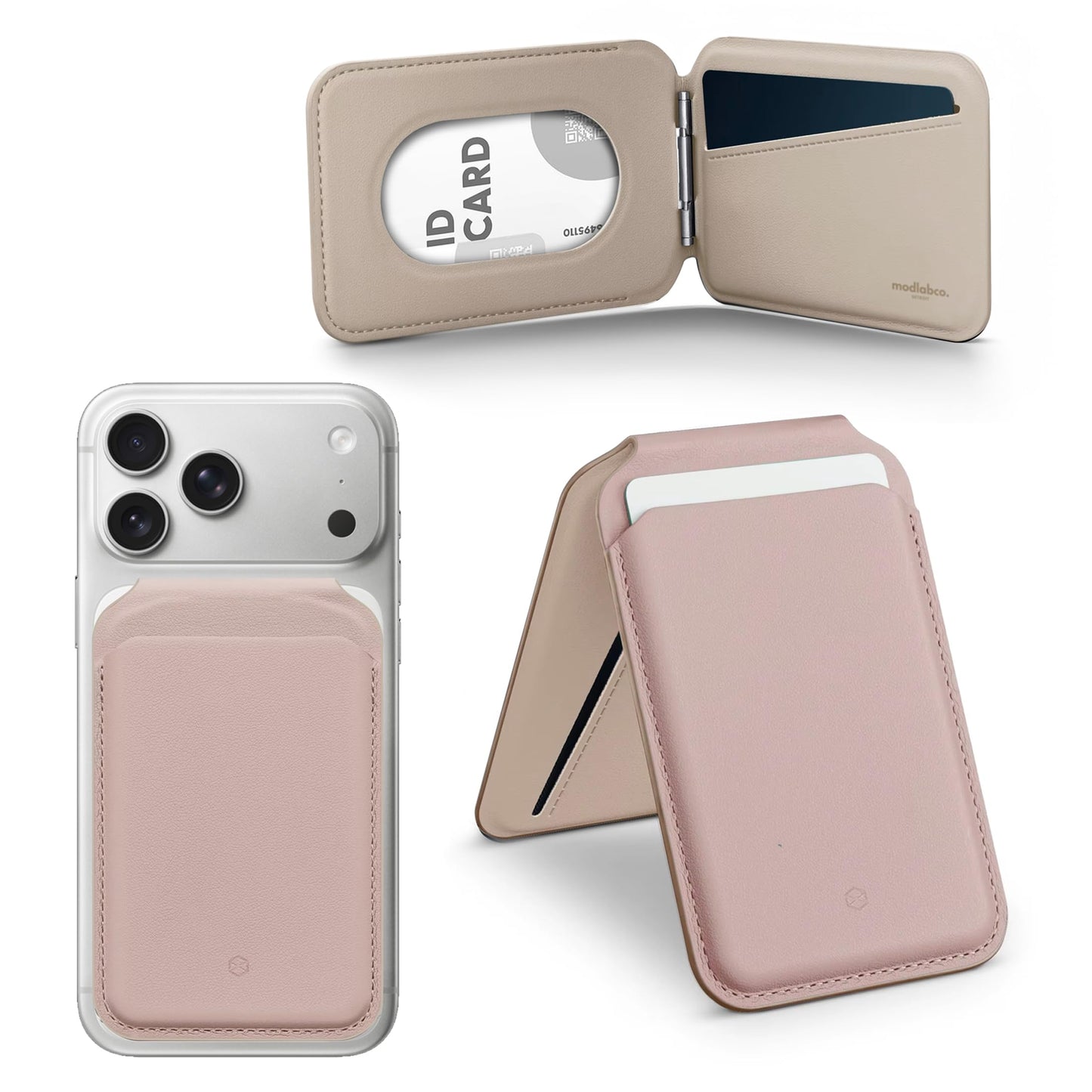 modlabco. MagSafe Compatible Vegan Leather Card Holder Wallet, Magnetic Attachment for iPhone, Pocket-Friendly Design, Stores Up to 4 Cards (Pink