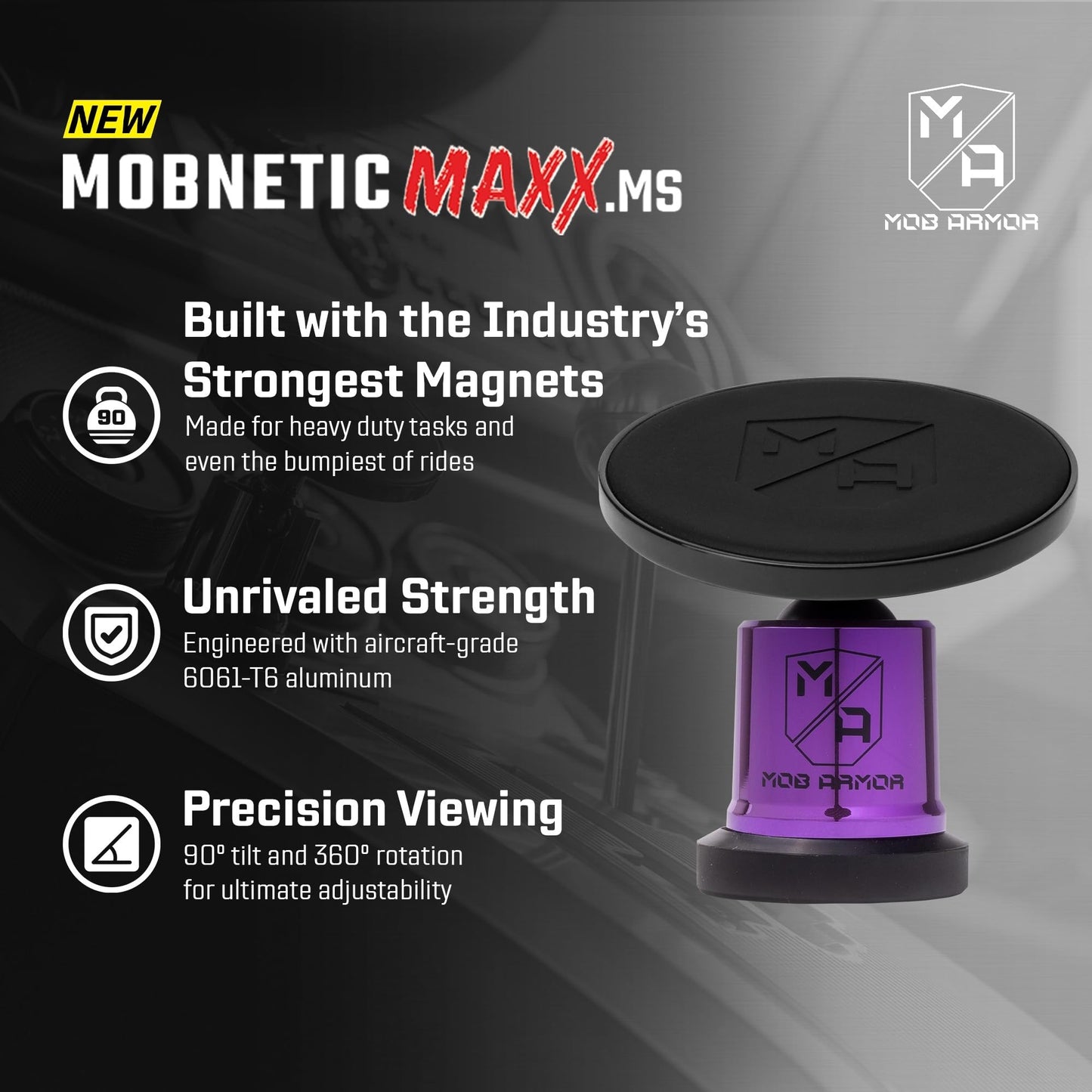 Mob Armor MobNetic Maxx MS - MagSafe Compatible Car Phone Mount w/ 90º Tilt, 360º Rotation & Durable Aluminum Build, Magnetic Holder for iPhone