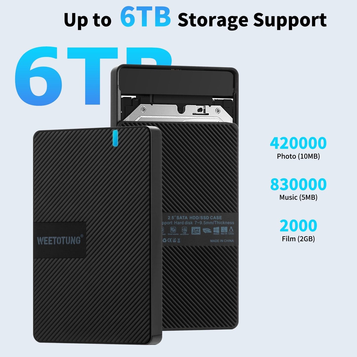 USB-C External Hard Drive Enclosure 2.5'' HDD SSD for sata - WEETOTUNG 6Gbps Tool-Free Case Compatible with UASP Drive - for 7mm 9.5mm Drive