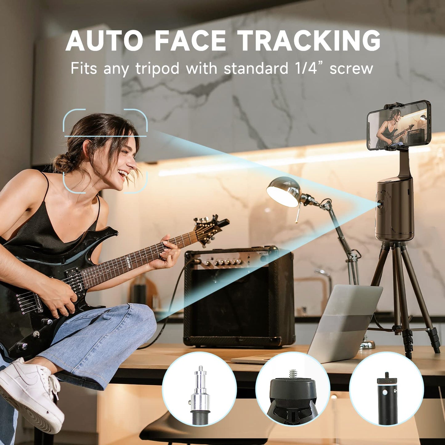Auto Face Tracking Tripod - 360° Rotation Auto Tracking Phone Holder, No App, Phone Camera Mount with Remote and Gesture Control, Rechargeable Smart