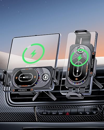 xuenair 15W Fast Charging Wireless Car Charger Mount, Z Fold 7 Car Mount with LED Light Auto Sensor, Car Phone Holder Wireless Charger for Samsung