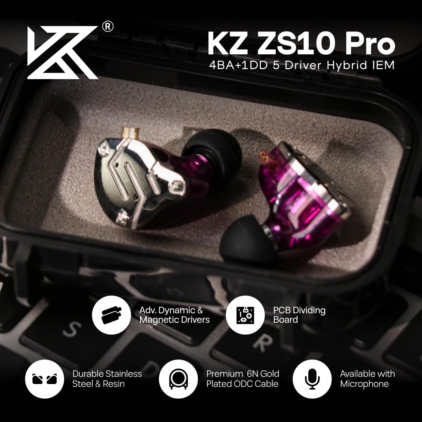 Linsoul KZ ZS10 Pro, 4BA+1DD 5 Driver in Ear Monitor, HiFi Wired Earbuds, Gaming Earbuds, Hybrid IEM Earphones with Stainless Steel Faceplate