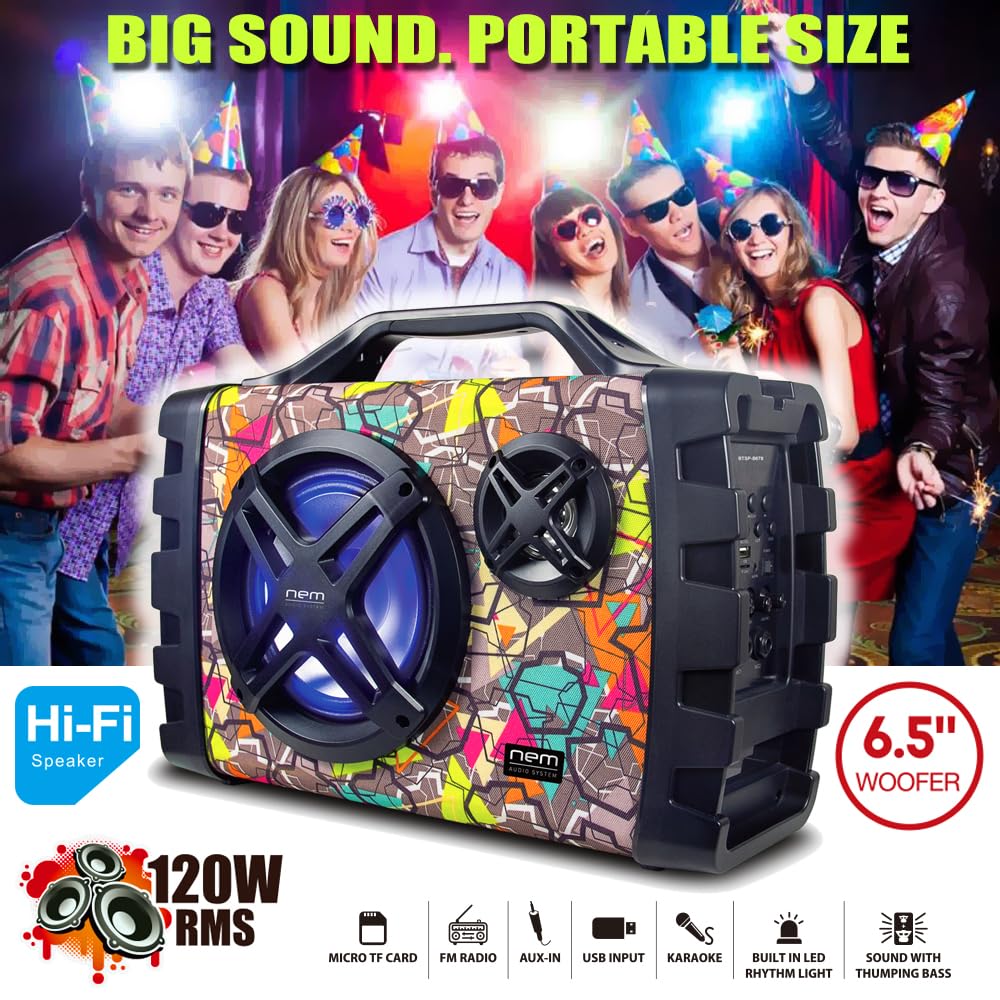 NEM Mobi7e Portable Wireless Bluetooth High Performance Stereo Speaker Extra Bass, USB Recording, Rechargeable Battery, AUX and TF Card Input, FM