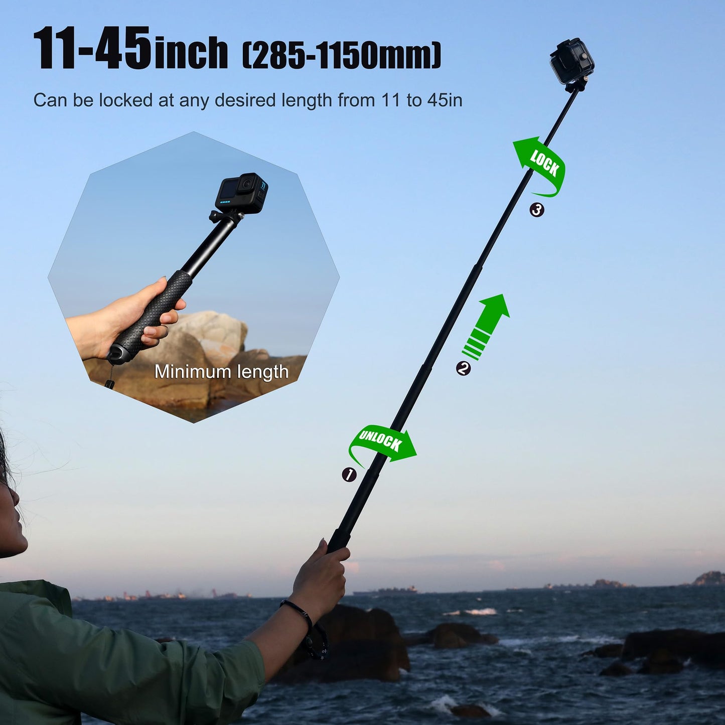 SOONSUN 45'' Waterproof Selfie Stick Extendable Monopod Hand Grip Aluminum Telescopic Pole Compatible with GoPro Hero 13 12 11 10 9 8 7 6 5 4 Session