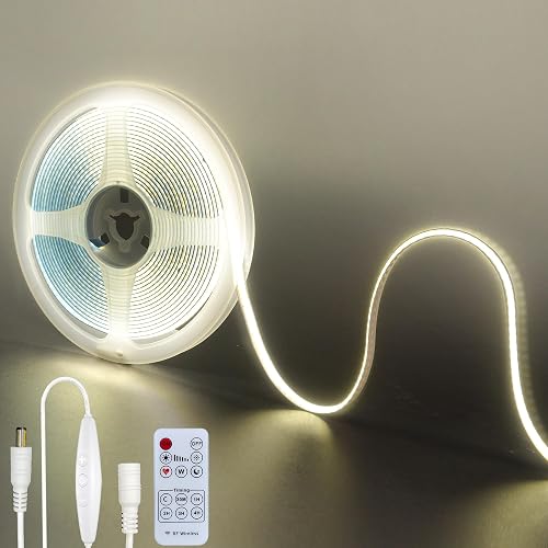 Clearhill 12V DC COB LED Strip Lights with Remote Dimmable Switch (No Power Supply),16.4FT/5M,Natural White 4000K,320LEDs/M,8mm Width,Not Waterproof