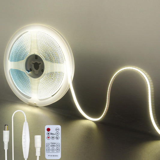 Clearhill 12V DC COB LED Strip Lights with Remote Dimmable Switch (No Power Supply),16.4FT/5M,Natural White 4000K,320LEDs/M,8mm Width,Not Waterproof