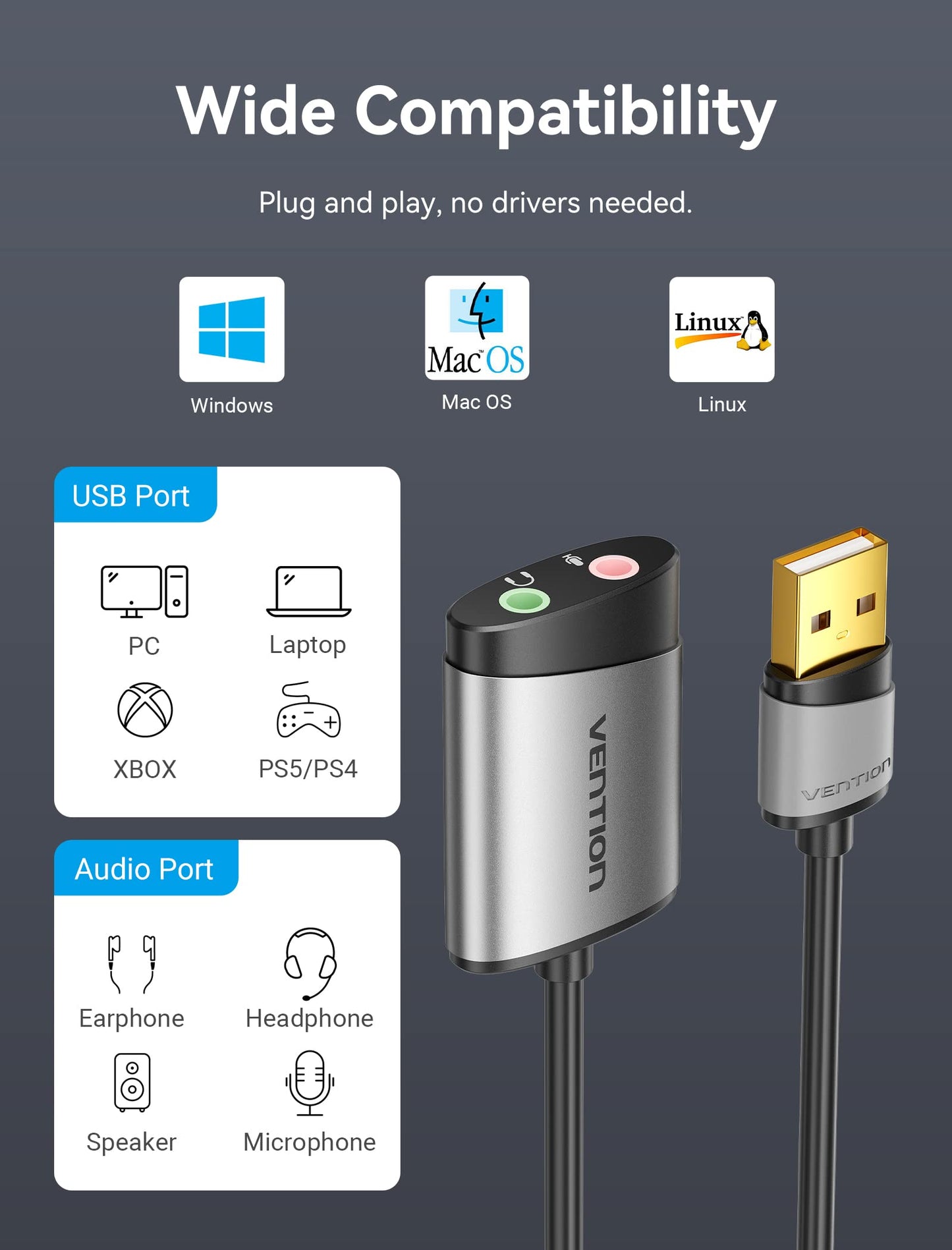 USB Audio Adapter - VENTION USB External Stereo Sound Card to 3.5mm Headphone and Microphone Jack Adapter for Windows MAC Linux PC Laptop Desktops PS5