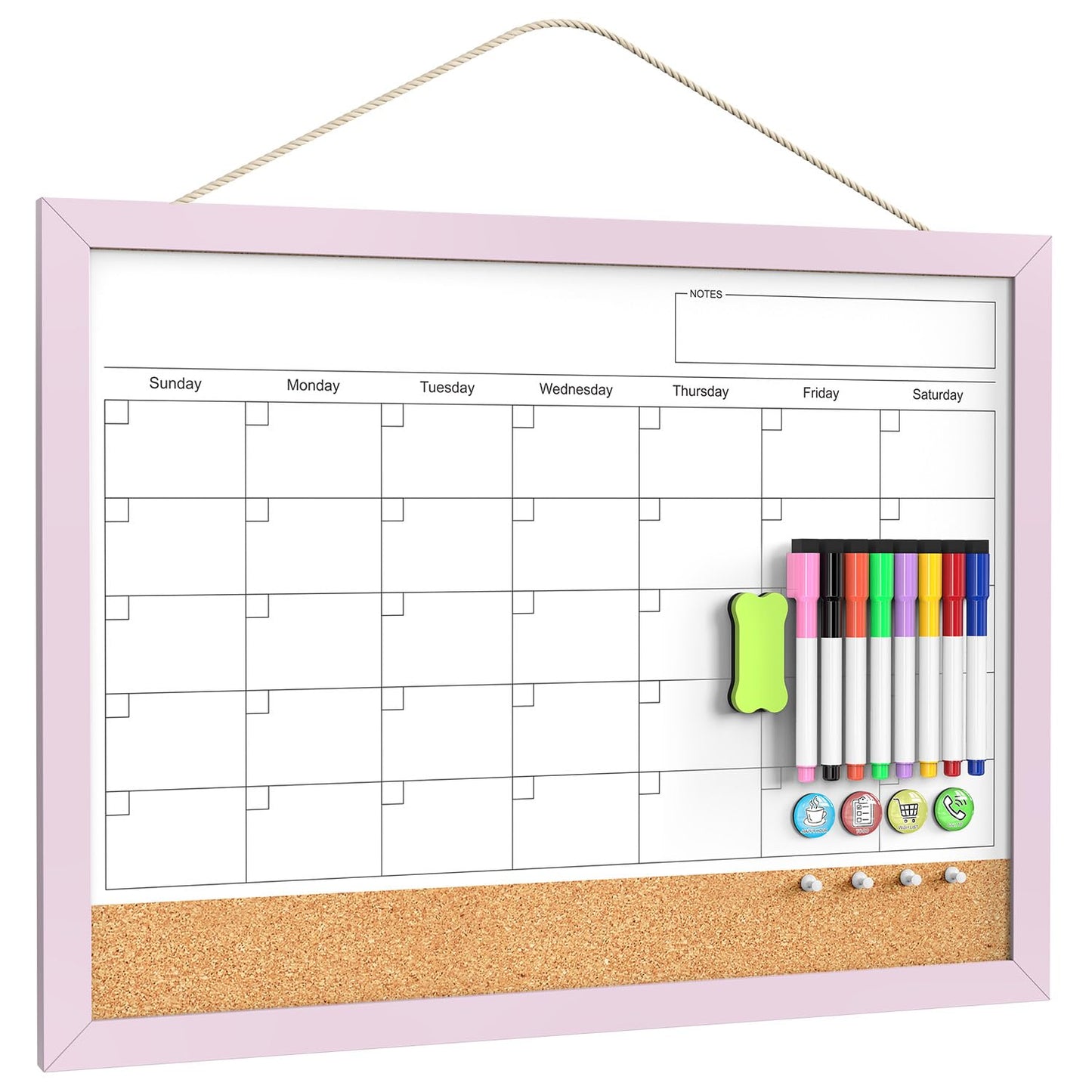 Dry Erase Calendar Cork Board Combo, 18x24 Inches Calendar Whiteboard for Wall, Magnetic White Board with Pink Wood Framed, Dry Erase Board
