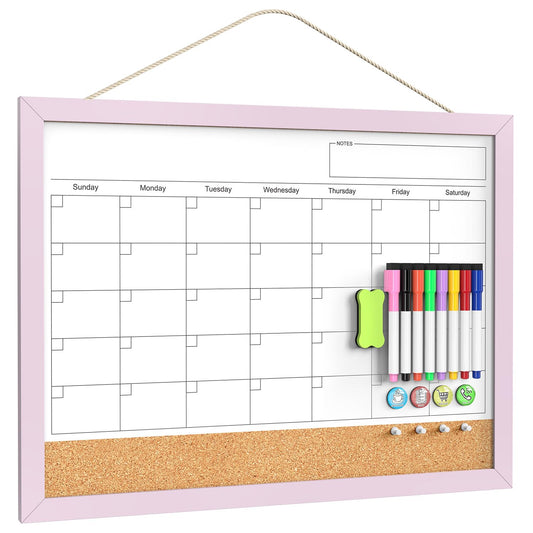 Dry Erase Calendar Cork Board Combo, 18x24 Inches Calendar Whiteboard for Wall, Magnetic White Board with Pink Wood Framed, Dry Erase Board