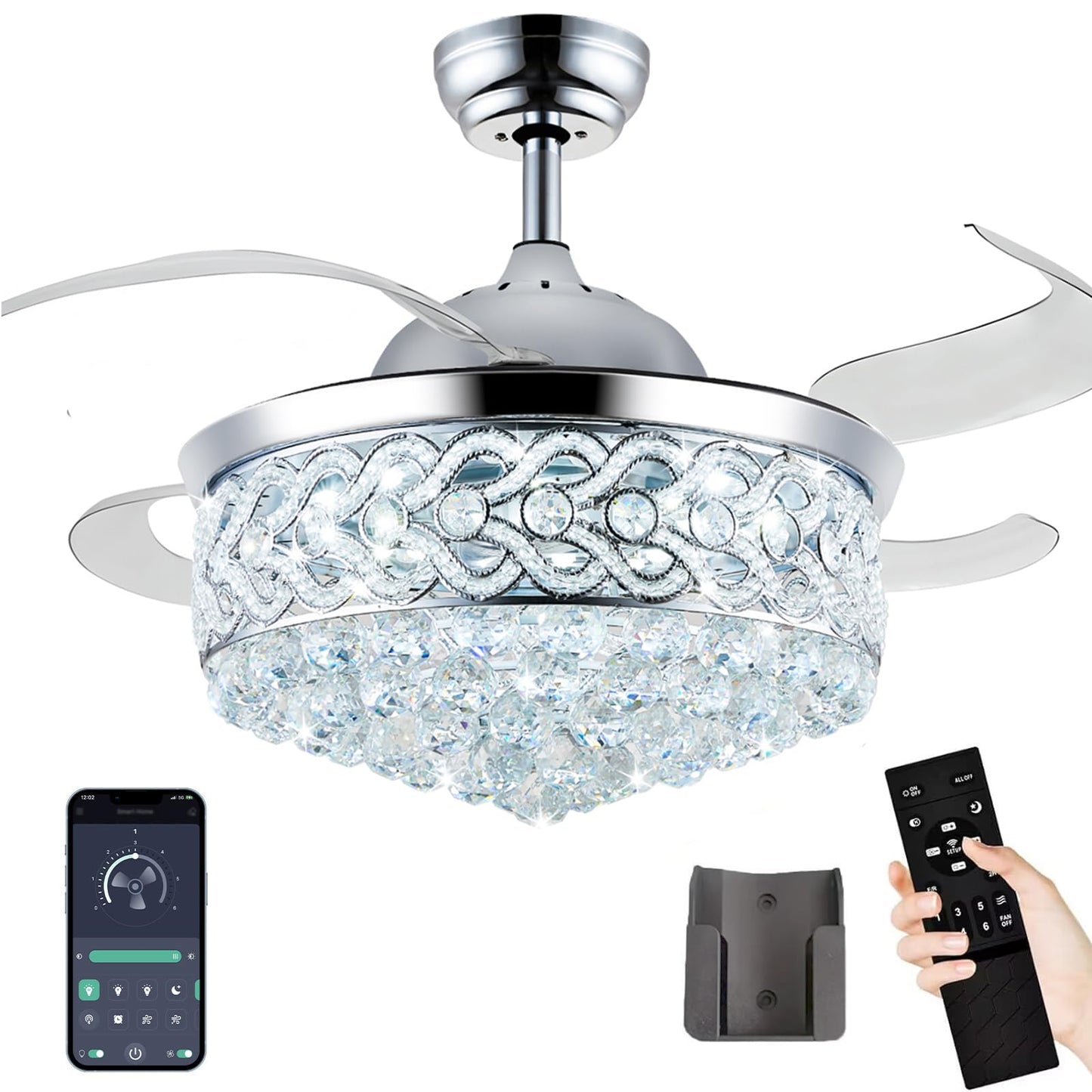 48 Inch Fandelier Ceiling Fan with Lights Crystal Fandaliers Ceiling Fan with Remote Dimmable 500-6500K Retractable Blades Fan Chandelier Fan