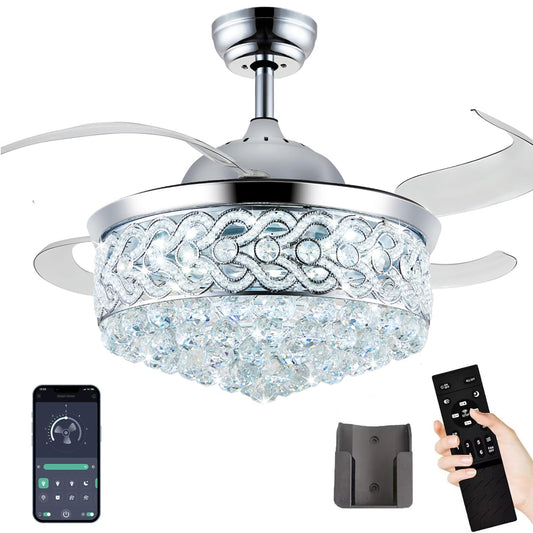 48 Inch Fandelier Ceiling Fan with Lights Crystal Fandaliers Ceiling Fan with Remote Dimmable 500-6500K Retractable Blades Fan Chandelier Fan