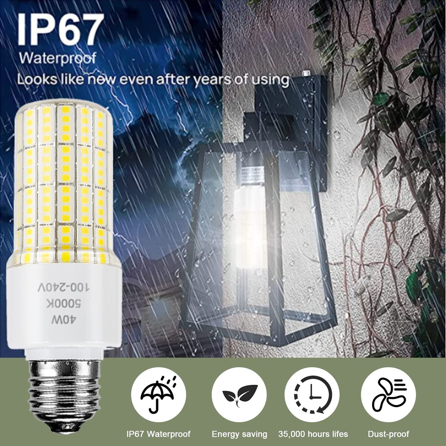CA New Sunshine 2 Pack 40W Led Light Bulb(300W Equivalent) 5000 Lumens 5000K Daylight White Led Bulbs E26/E27 Medium Base for Indoor Outdoor Street