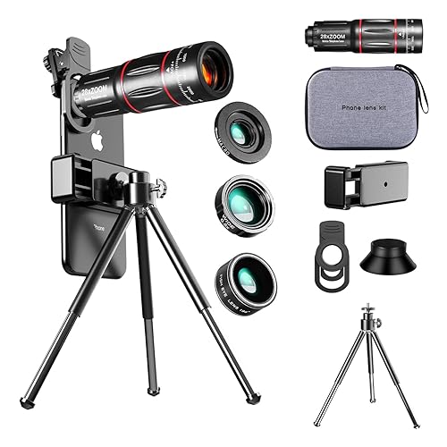 HYTAMY Cell Phone Camera Lens Kit Upgraded Version Telephoto 28X with Wide Angle 0.6X, Macro 20x, Fisheye 198°, Phone Lens Attachment Suitable