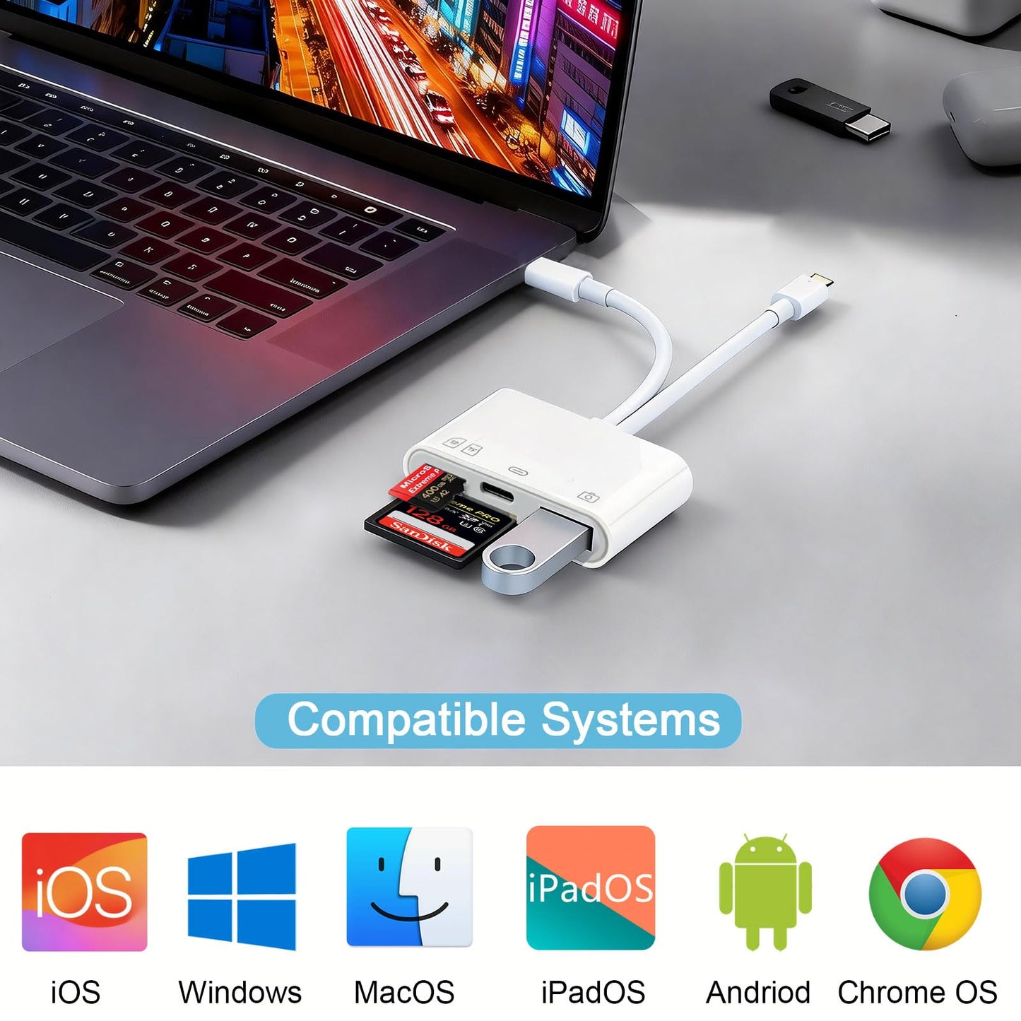 4-in-1 Memory Card Reader,SD Card Reader for iPhone,iPad Memory SD Card Reader USB C&Lightning Dual Port Micro SD Card Reader,Memory Card Reader