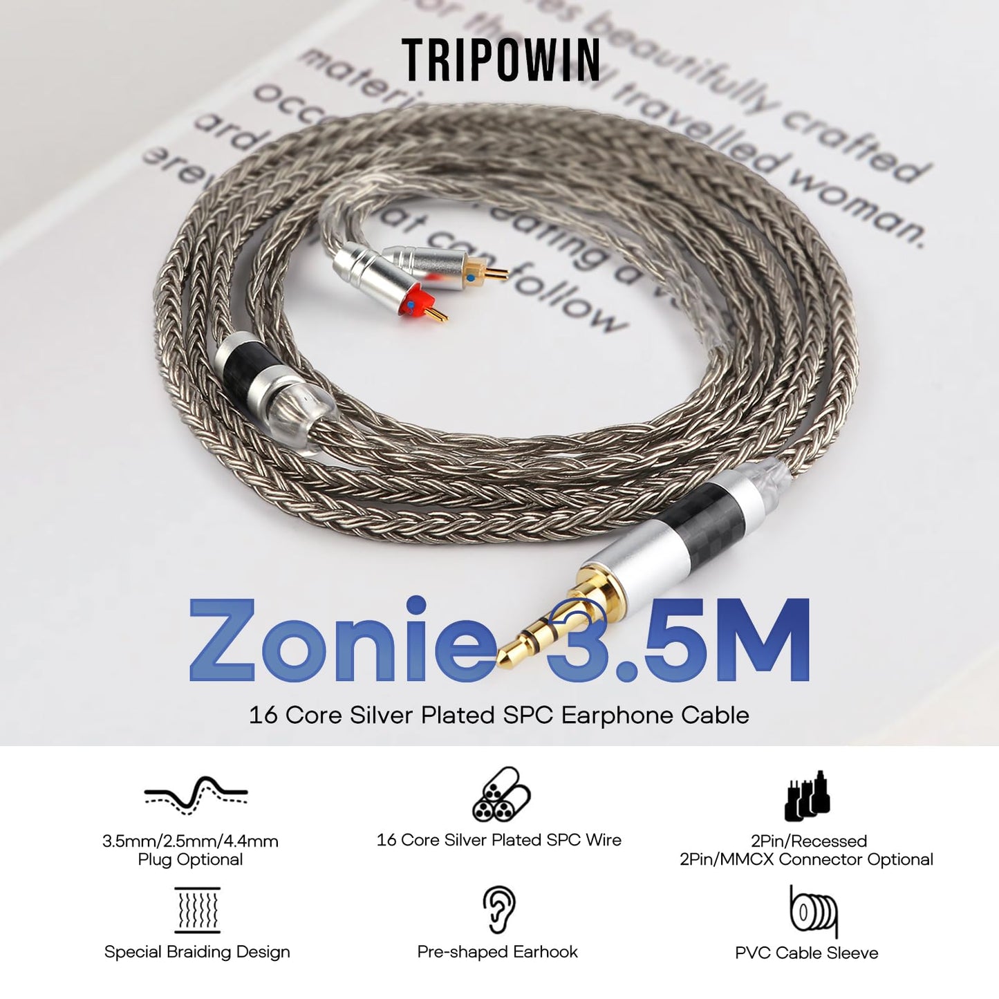 Linsoul Tripowin Zonie IEM Cable, 16 Core Silver Plated Earphone Upgraded Cords, 1.25m SPC in Ear Monitor Cable for 7HZ Timeless AE TINHIFI T2 PRO T3