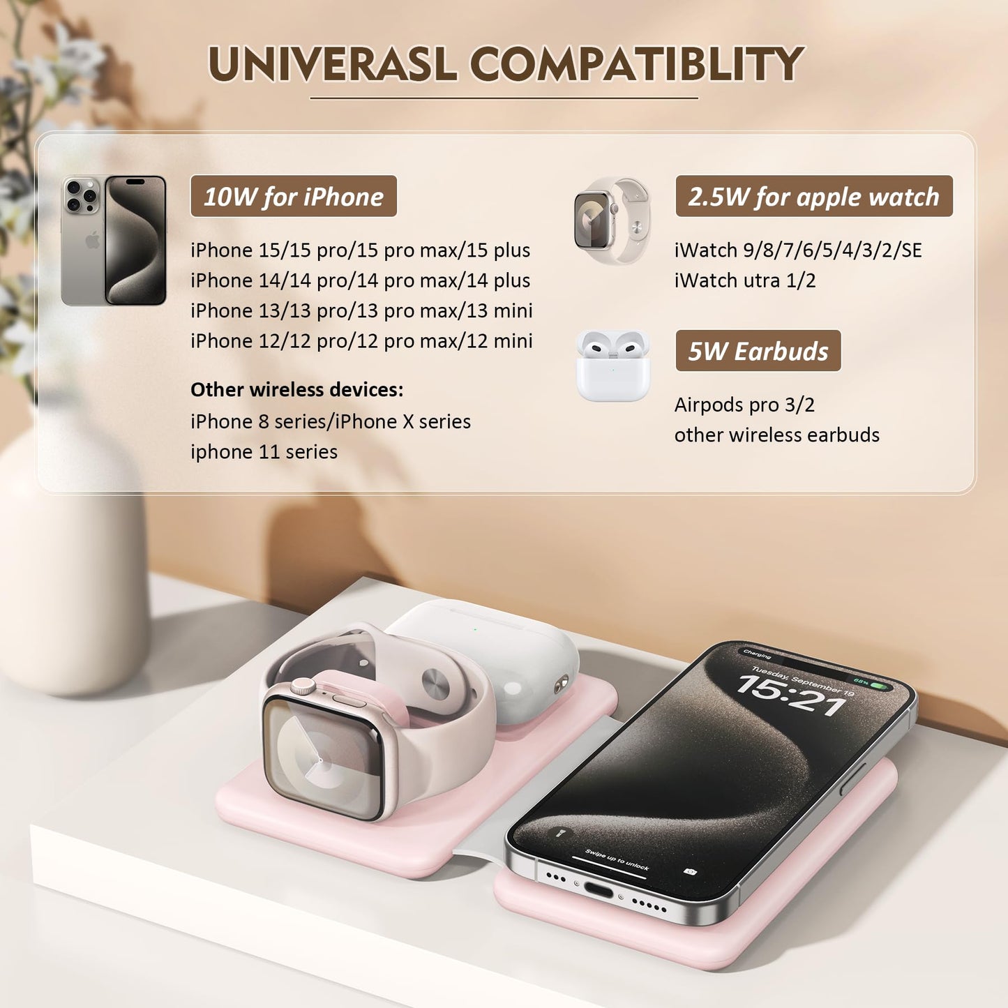 3 in 1 Wireless Charging Station for iPhone 17 16 15 14 13 12 Pro Max Plus - Foldable Magnetic Charger Pad for Apple Watch Series & AirPods - Fast
