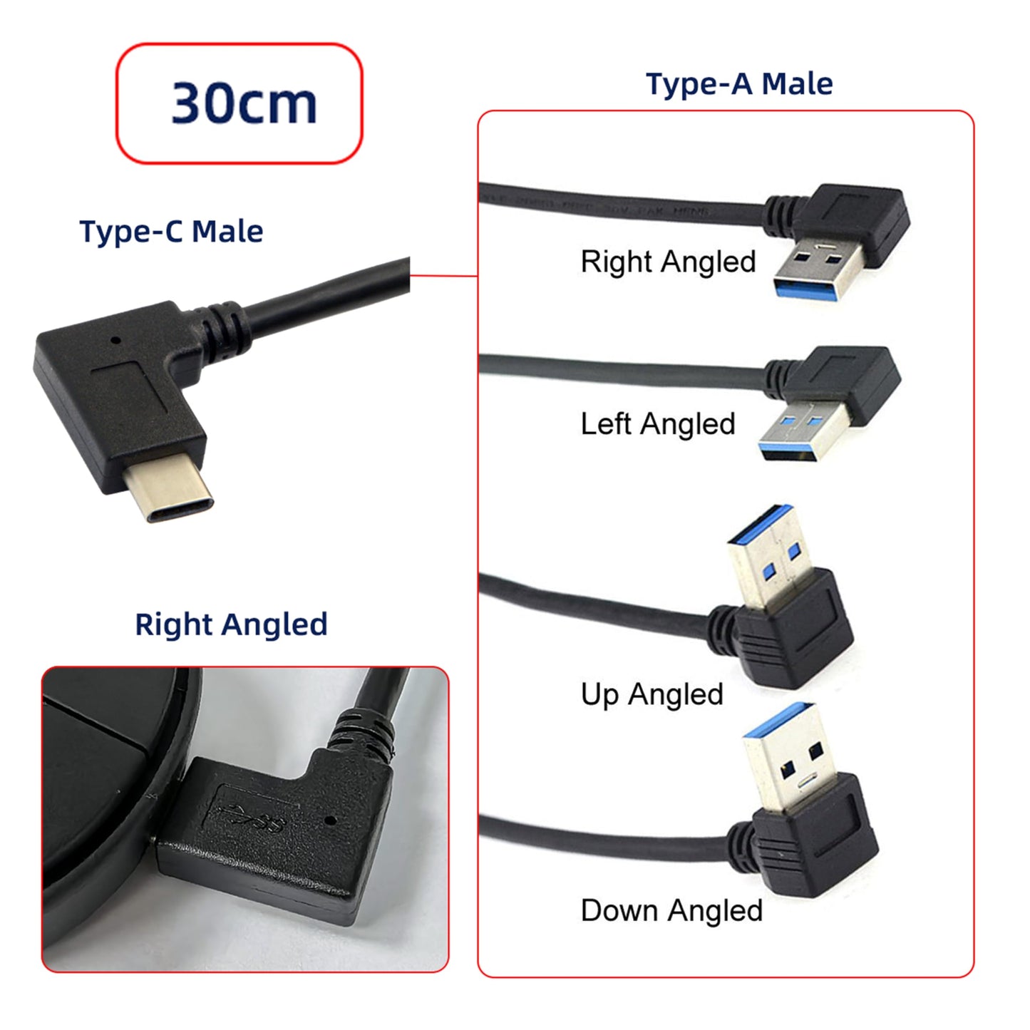 JSER 30cm Reversible USB 3.1 USB-C Right Angled to 90 Degree Down Angled A Male Data Cable for Tablet Mobile Phone (30cm)