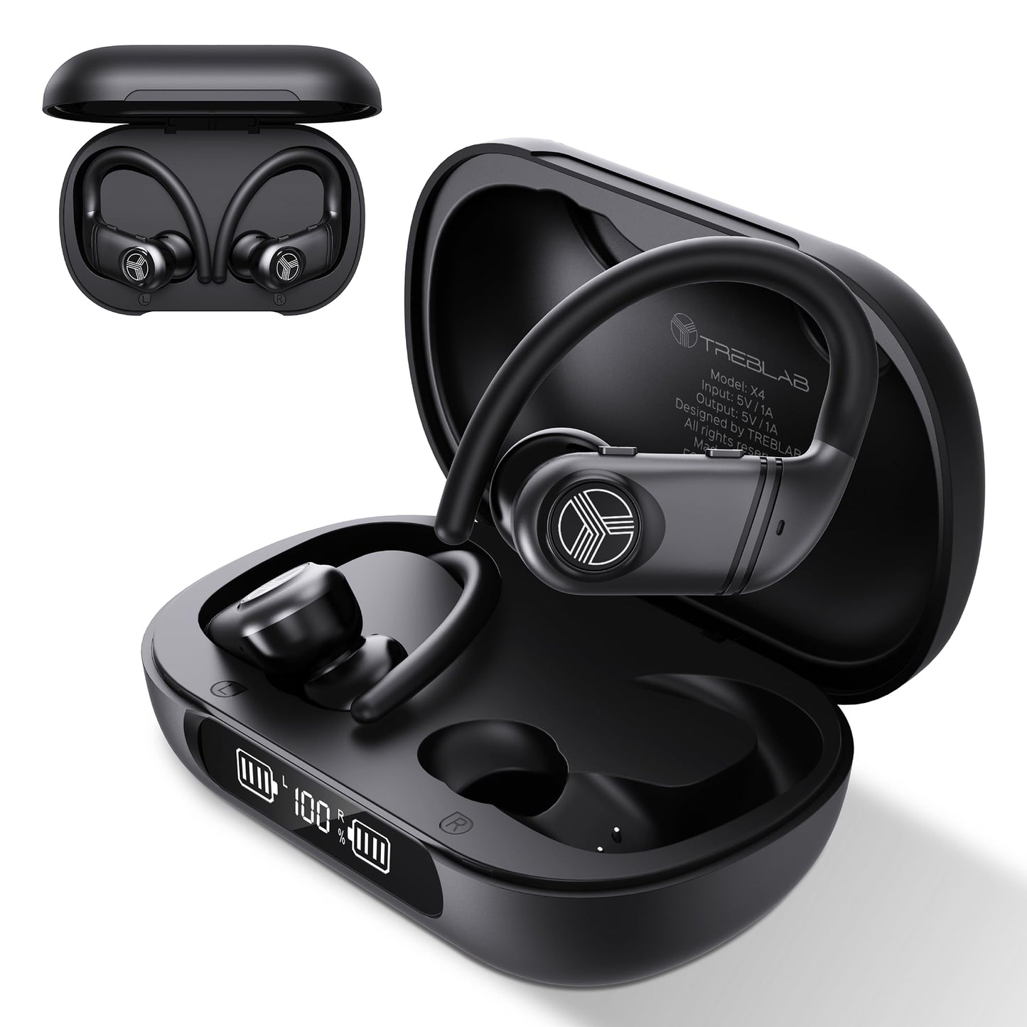 TREBLAB X4 Wireless Earbuds with Earhooks - 253H Battery, ENC Mic, Bluetooth 5.4, USB-C Charging Case, IPX5 Waterproof, Noise Isolating, for Calls…